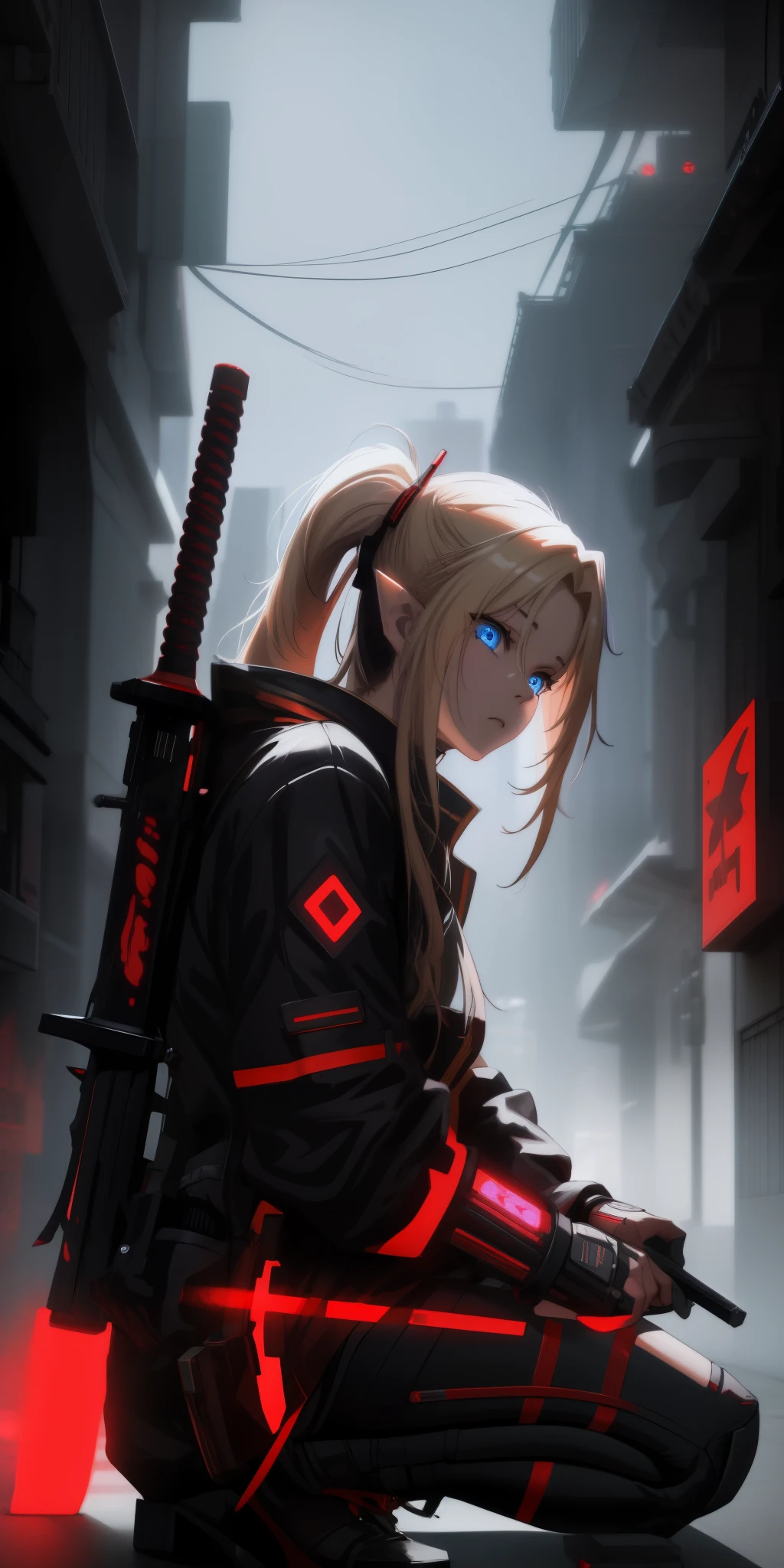 long hair, blonde hair, pointy ears, techwear jacket, anatomically correct, anime girl kneeling down with a sword in her hand, badass anime 8 k, artwork in the style of guweiz, ross tran 8 k, cinematic. by leng jun, 2. 5 d cgi anime fantasy artwork, anime style 4 k, ross tran and wlop, very beautiful cyberpunk samurai, guweiz on artstation pixiv, facing viewer, (shaded face:1.2), hollow eyes, blue eyes, looking at viewer, expressionless, glowing eyes, "glow effects, godrays, Hand drawn, render, 8k, octane render, cinema 4d, blender, dark, atmospheric 4k ultra detailed, cinematic, Sharp focus, big depth of field, Masterpiece, colors, 3d octane render, 4k, concept art, trending on artstation, hyperrealistic, Vivid colors, extremely detailed CG unity 8k wallpaper, trending on CGSociety, Intricate, High Detail, dramatic"