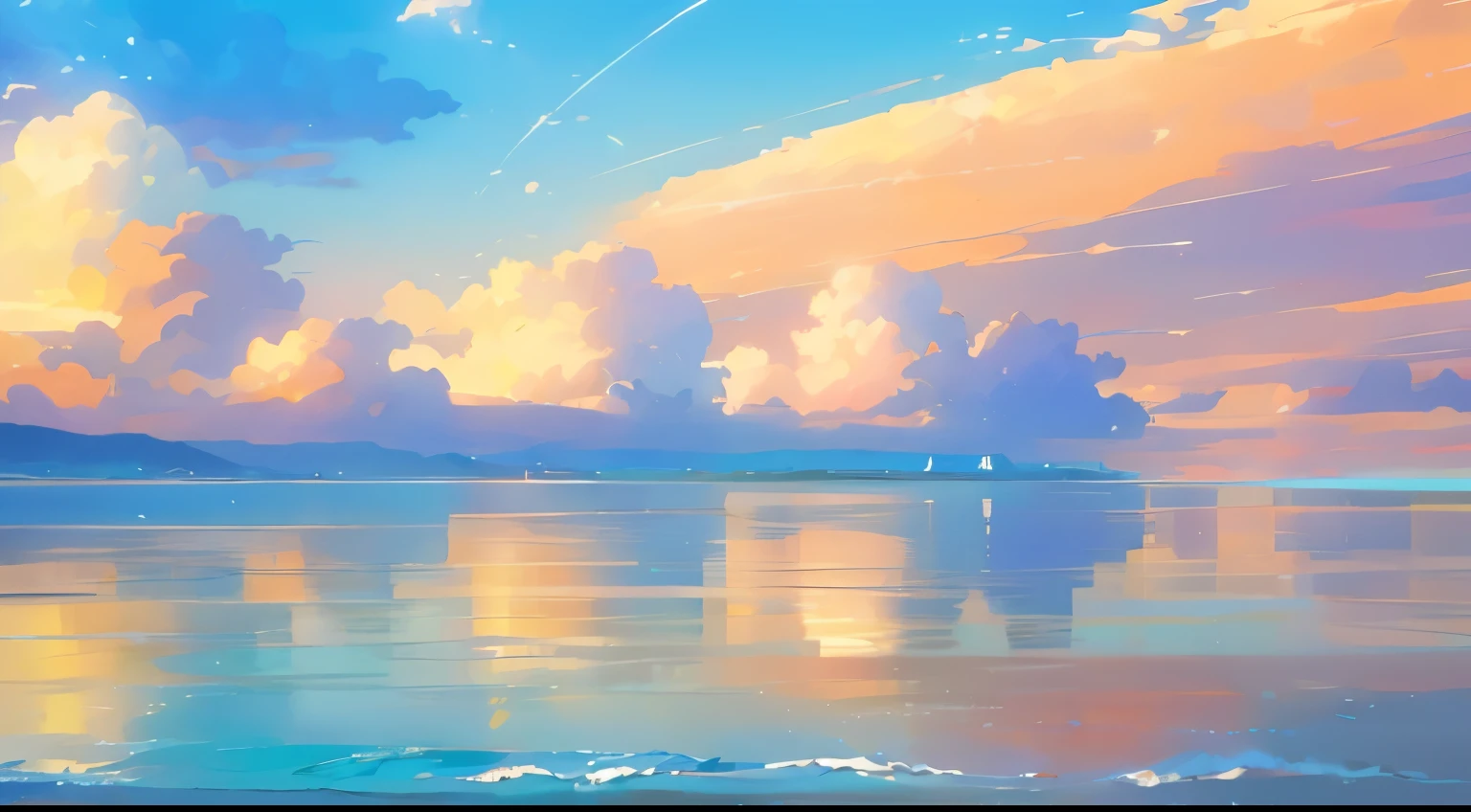 beach、There are ships in the distance、picture of clouds floating in the sky, blue sea. author:Shinkai Seishin, Shinkai Seishin. — hour 2160, Makoto Shinkai's style, reconsider. author:Shinkai Seishin, Detailed Landscape - Width 672, Estilo de Makoto Shinkai, Beautiful peaceful scenes in anime
