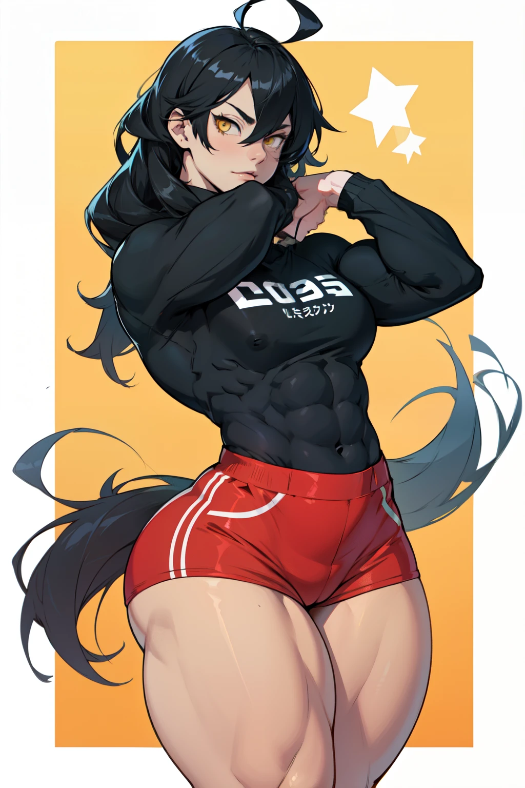 girl ((((muscular 1girl)))) ((((thick thighs toned body)))) (pale skin) black hair yellow eyes very long hair long sleeve tight t-shirt tight pants (ahoge straight hair)
