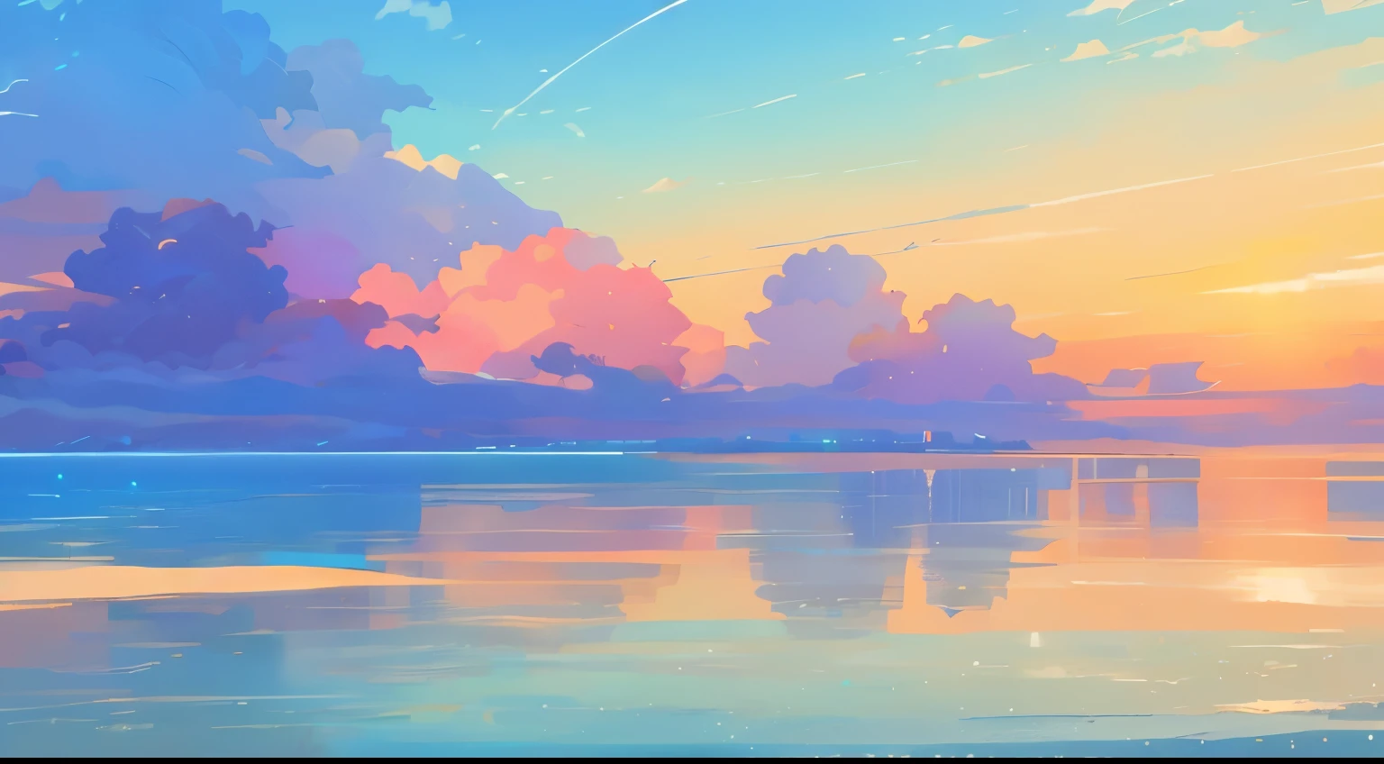 beach、There are ships in the distance、picture of clouds floating in the sky, blue sea. author:Shinkai Seishin, Shinkai Seishin. — hour 2160, Makoto Shinkai's style, reconsider. author:Shinkai Seishin, Detailed Landscape - Width 672, Estilo de Makoto Shinkai, Beautiful peaceful scenes in anime
