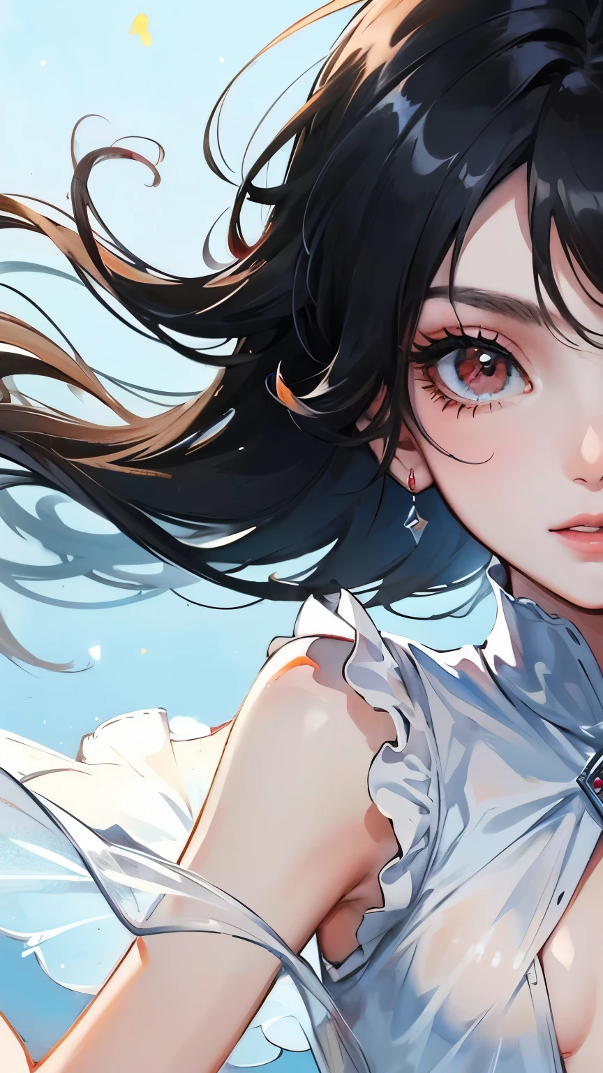 young girl black hair short hair red eyes irreverent face look down thin body thin thighs small breasts small ass toned body blue sky cloud hair blowing in the wind high quality High resolution 8k vampire watercolor natural feel bridge of the nose ((最high quality)), ((masterpiece)), (get used to it), dignified face grassland close up of face Beautiful as a goddess whole face lipstick eye shadow naked ID photo style long eyelashes Accurate No decoration Bare skin No accessories In underwear 8 life size can'I can' landscape painting See-through Creative Princess Peach