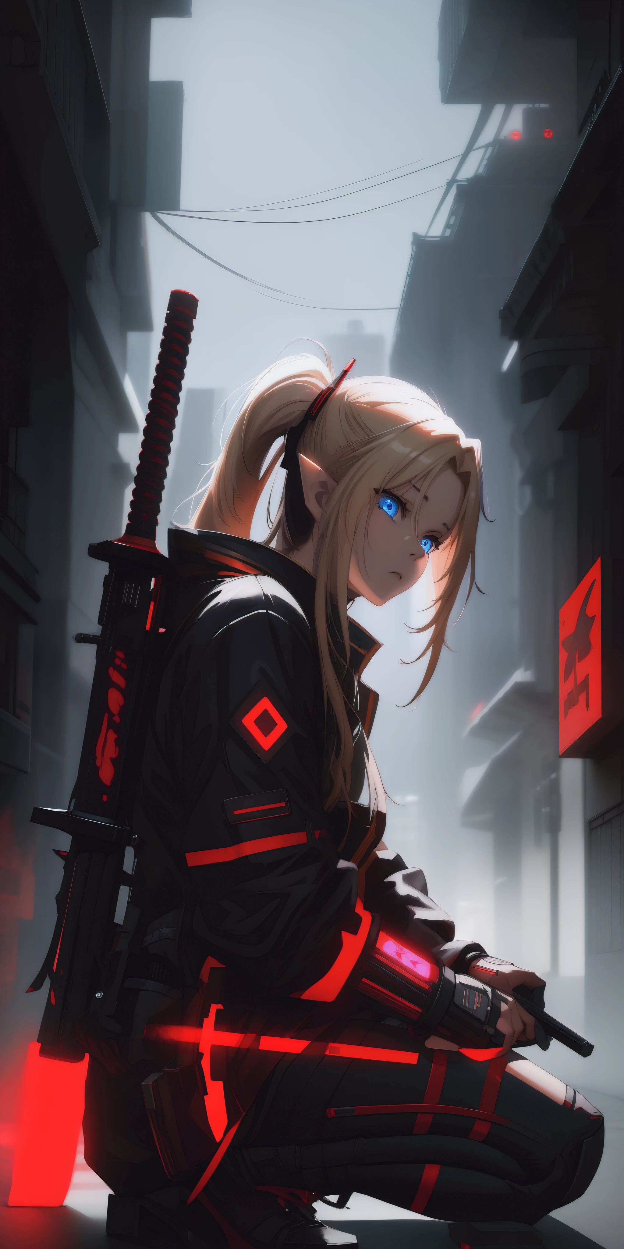 long hair, blonde hair, pointy ears, techwear jacket, anatomically correct, anime girl kneeling down with a sword in her hand, badass anime 8 k, artwork in the style of guweiz, ross tran 8 k, cinematic. by leng jun, 2. 5 d cgi anime fantasy artwork, anime style 4 k, ross tran and wlop, very beautiful cyberpunk samurai, guweiz on artstation pixiv, facing viewer, (shaded face:1.2), hollow eyes, blue eyes, looking at viewer, expressionless, glowing eyes, "glow effects, godrays, Hand drawn, render, 8k, octane render, cinema 4d, blender, dark, atmospheric 4k ultra detailed, cinematic, Sharp focus, big depth of field, Masterpiece, colors, 3d octane render, 4k, concept art, trending on artstation, hyperrealistic, Vivid colors, extremely detailed CG unity 8k wallpaper, trending on CGSociety, Intricate, High Detail, dramatic"