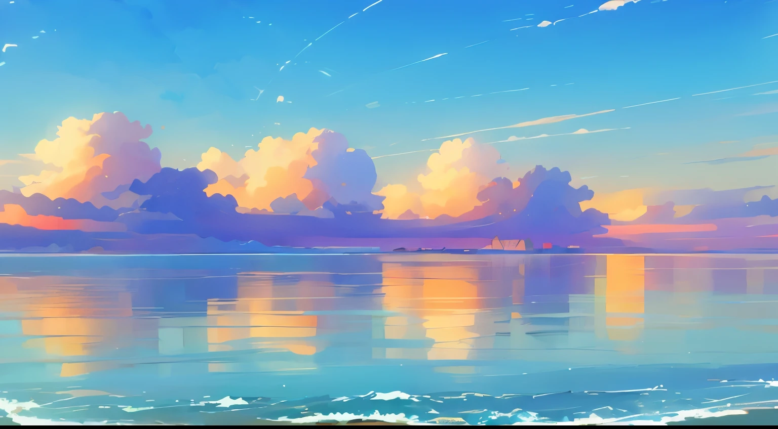 beach、There are ships in the distance、picture of clouds floating in the sky, blue sea. author:Shinkai Seishin, Shinkai Seishin. — hour 2160, Makoto Shinkai's style, reconsider. author:Shinkai Seishin, Detailed Landscape - Width 672, Estilo de Makoto Shinkai, Beautiful peaceful scenes in anime