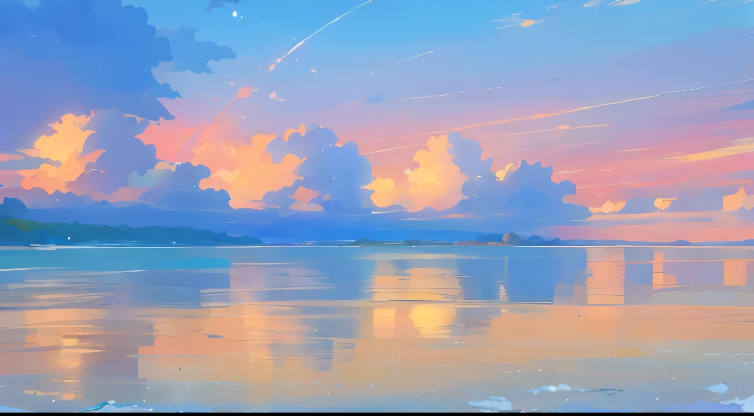 beach、There are ships in the distance、picture of clouds floating in the sky, blue sea. author:Shinkai Seishin, Shinkai Seishin. — hour 2160, Makoto Shinkai's style, reconsider. author:Shinkai Seishin, Detailed Landscape - Width 672, Estilo de Makoto Shinkai, Beautiful peaceful scenes in anime