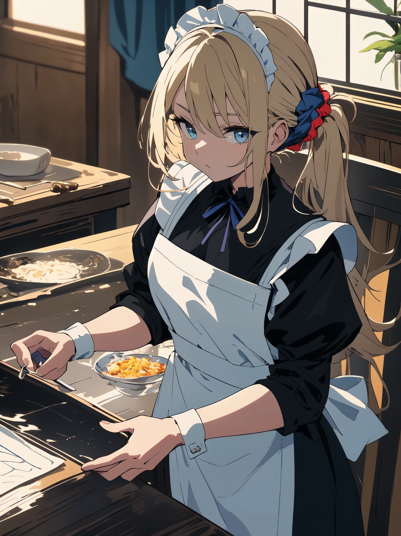 (masterpiece, highest quality, High resolution、be familiar with), (shining eyes)、1 girl,blonde hair, maid, blue eyes, side ponytail, hair scrunchie, hair ornaments, blue scrunchie, maid headdress, apron, (Many Russian dishes are arranged on the table.、White tablecloth)hair between eyes, chest, long sleeve, bangs, white shirt, black dress, side lock, maid apron, black pantyhose,  cowboy shot,indoor、Western-style room、beautiful anime