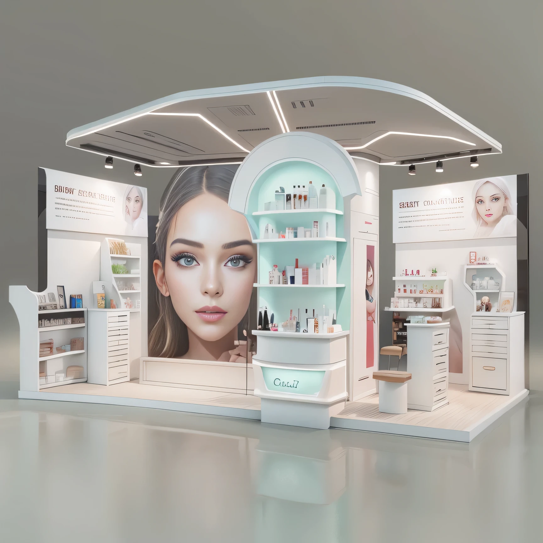 Skin care products，Girl Beauty Booth，3D modeling，In line with the aesthetics of young people，actual，full view，Suitable for commercial exhibition display