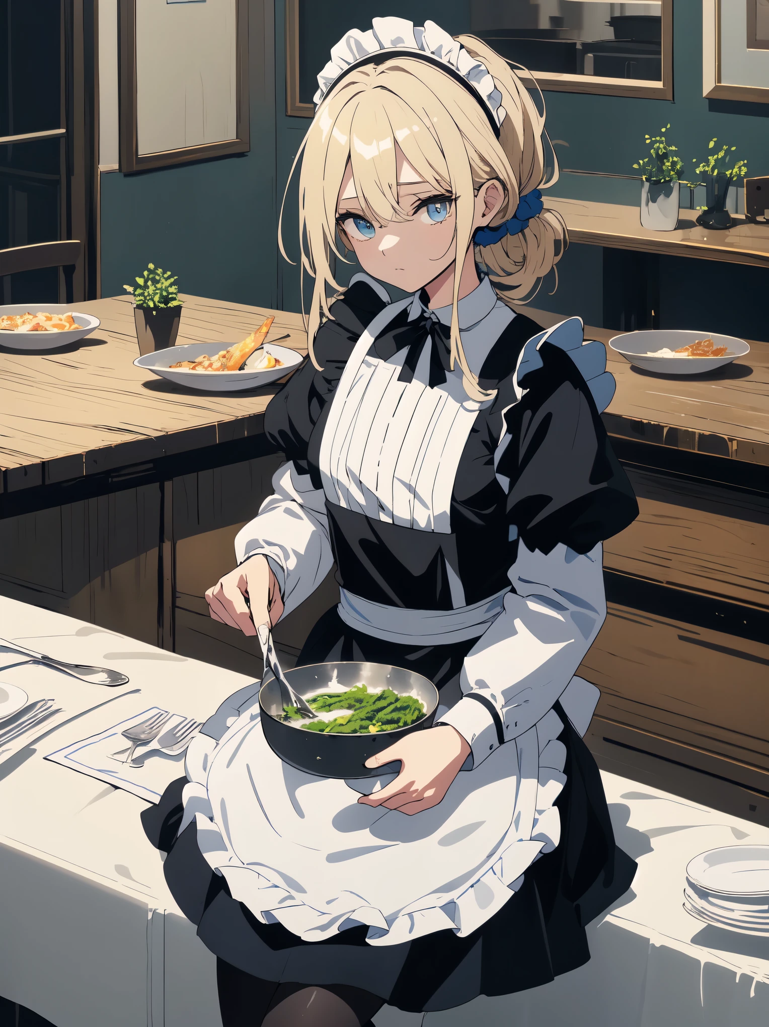 (masterpiece, highest quality, High resolution、be familiar with), (shining eyes)、1 girl,blonde hair, maid, blue eyes, side ponytail, hair scrunchie, hair ornaments, blue scrunchie, maid headdress, apron, (Many Russian dishes are arranged on the table.、White tablecloth)hair between eyes, chest, long sleeve, bangs, white shirt, black dress, side lock, maid apron, black pantyhose, cowboy shot,indoor、Western-style room、beautiful anime