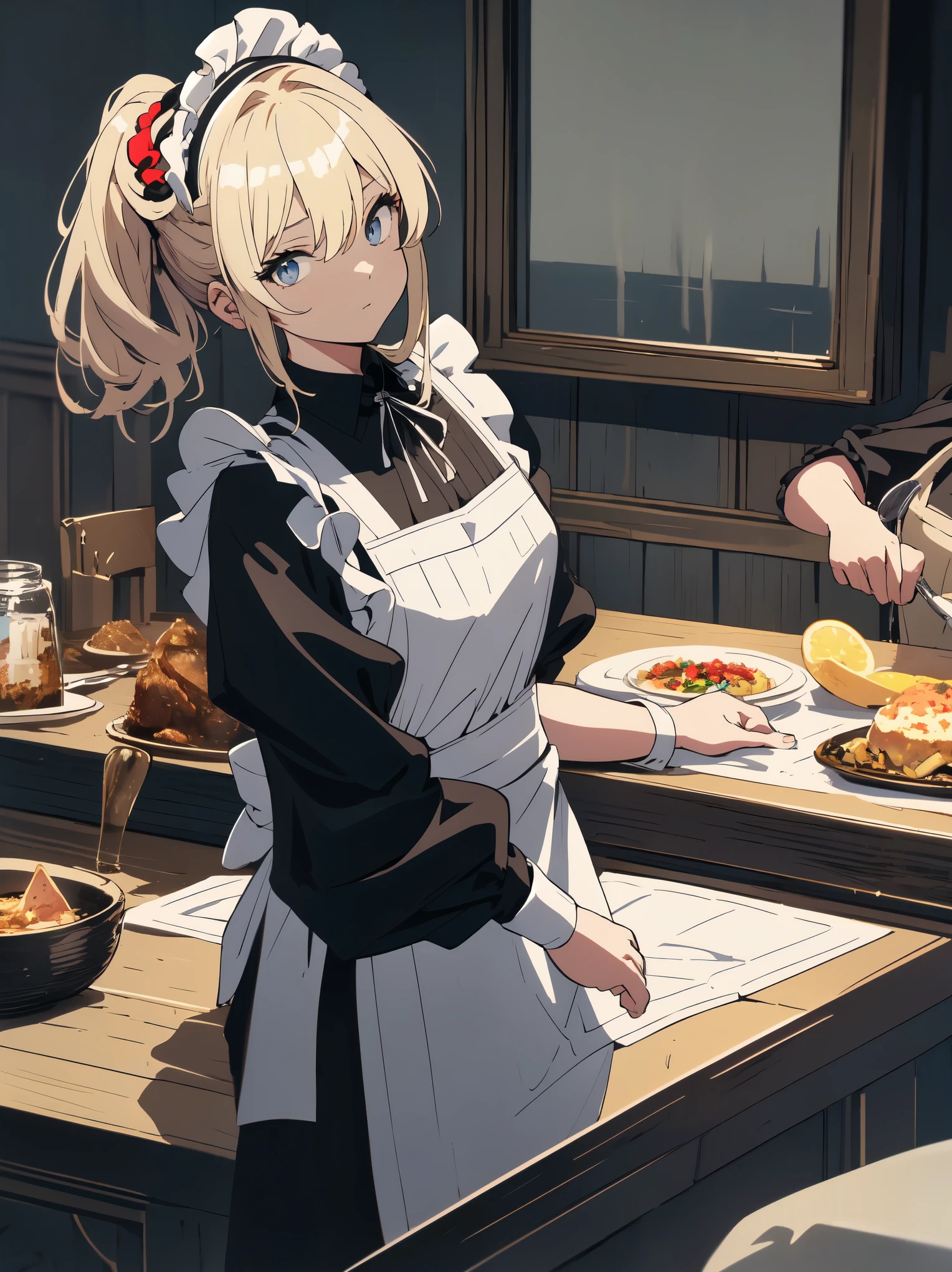 (masterpiece, highest quality, High resolution、be familiar with), (shining eyes)、1 girl,blonde hair, maid, blue eyes, side ponytail, hair scrunchie, hair ornaments, blue scrunchie, maid headdress, apron, (Many Russian dishes are arranged on the table.、White tablecloth)hair between eyes, chest, long sleeve, bangs, white shirt, black dress, side lock, maid apron, black pantyhose, cowboy shot,indoor、Western-style room、beautiful anime
