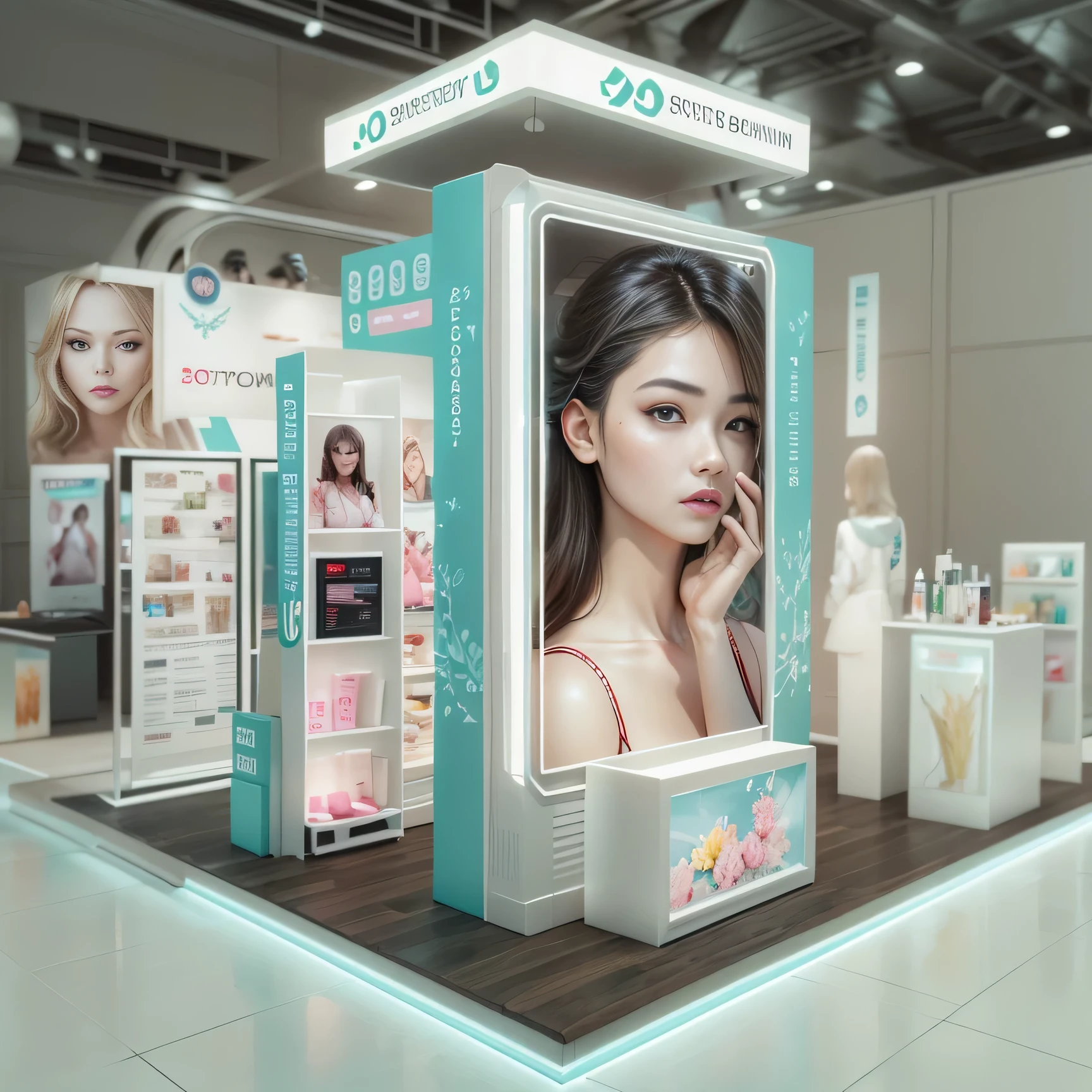 Skin care products，Girl Beauty Booth，3D modeling，In line with the aesthetics of young people，actual，full view，Suitable for commercial exhibition display