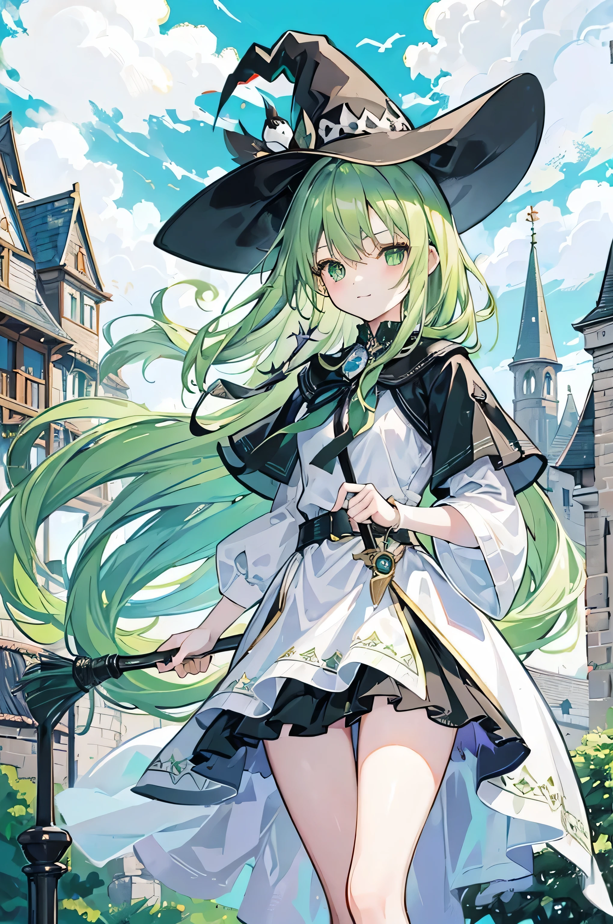 Long light green hair，girl，green eyes，15 years old，small，（faint smile：10），Wearing a big black magic hat，birds in the wind，Ride a magic broomstick，Fly in the air，clear blue sky，Baiyun，several castles，（many magpies：3）