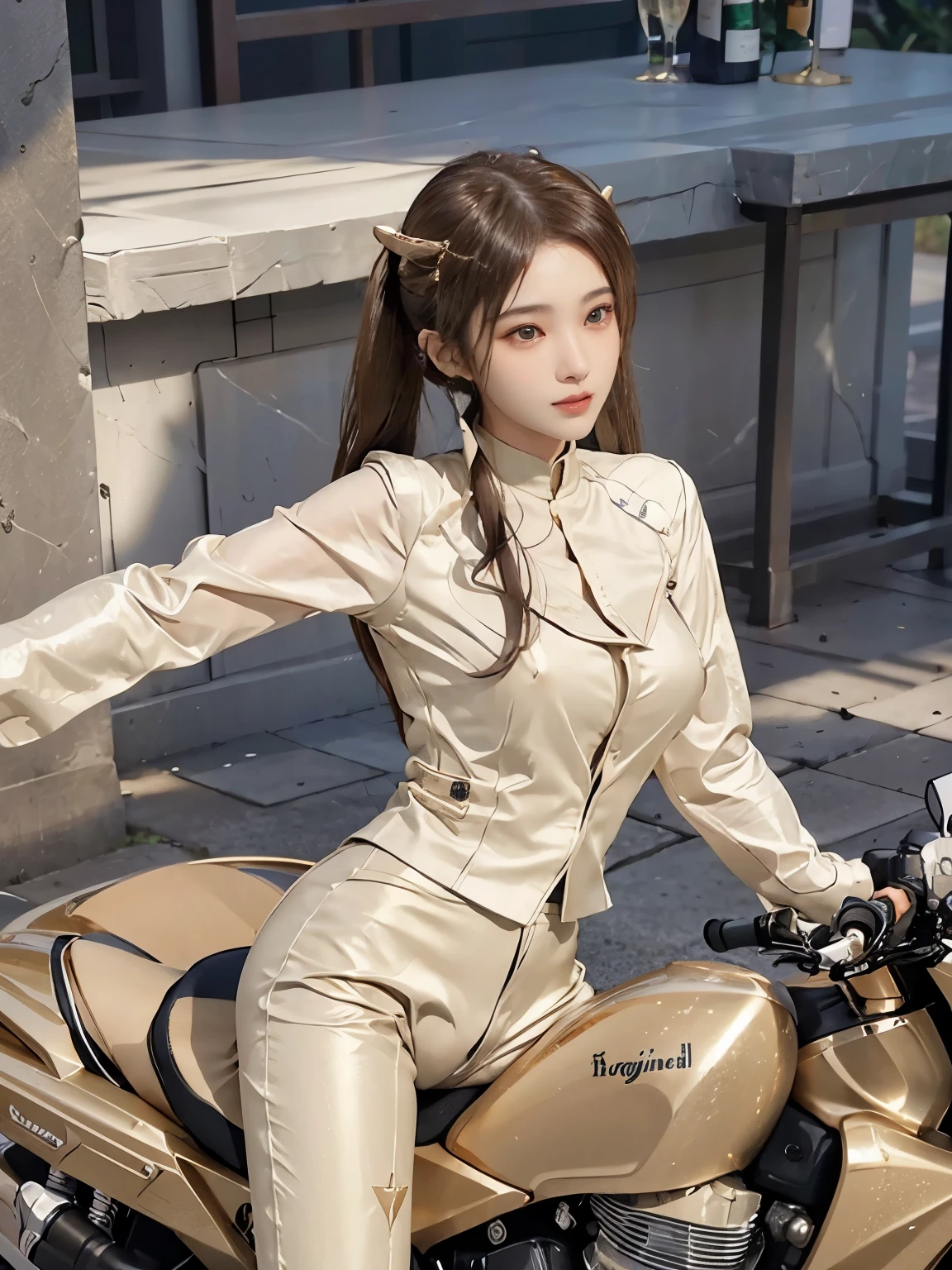  (realistic:1.5), 8k, Super delicate beauty, 1 girl, Complex motorcycle details, (short: 1.3), (highest quality: 1.0), (Super high sharpness: 1.0),（Beautiful and delicate depiction of eyes）,unreal engine:1.4, photorealistic:1.4, skin texture:1.4, masterpiece:1.8,highest quality、smile、long limbs、(((riding a motorcycle)))、(((Champagne gold rider suit and long pants)))、(((twin tail hair)))