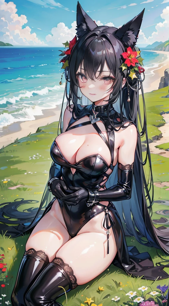 high quality, masterpiece, super detailed, 1 girl,  extremely detailed faces, Christmas black latex suit，black gloves，with black veil，black mask，BDSM,handcuffs，collar，Calm expression,Smile，handcuffs，collar，long black hair, charming pink eyes, fox ears, ridiculously big, skin shiny, Sitting in a sea of flowers，A sea of gorgeous flowers，grassland，seaside