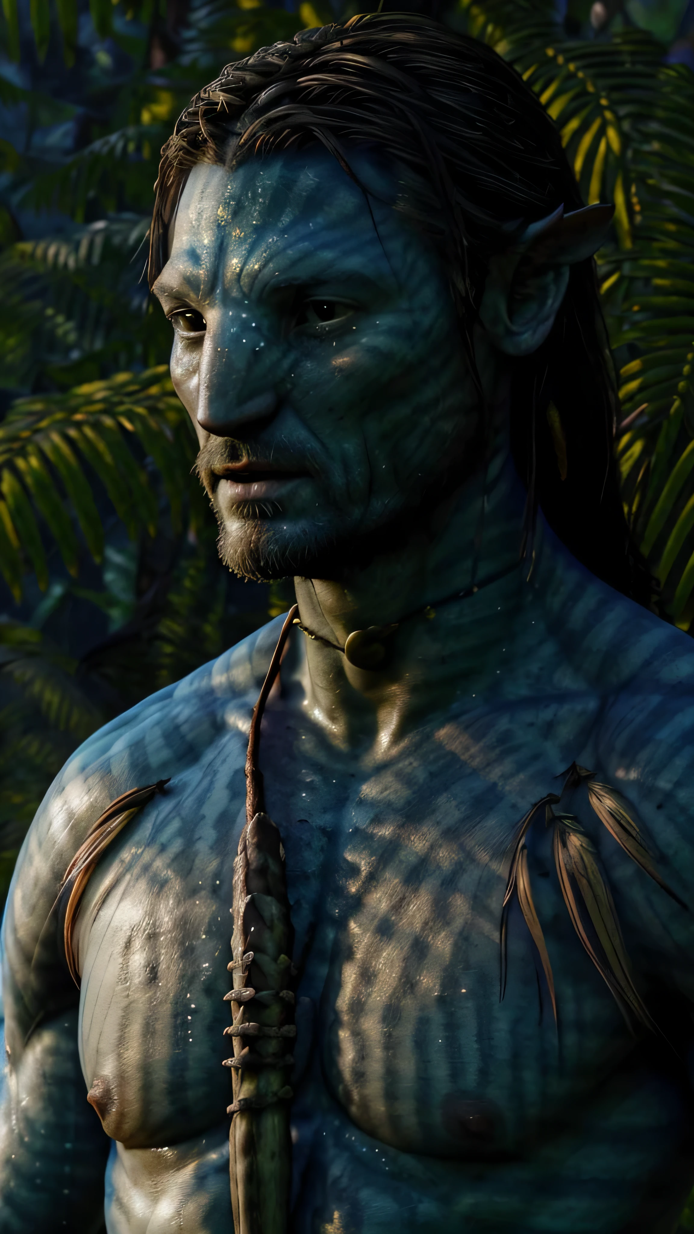 avatar, ((Nikolaj Coster-Waldau)), blue skin, brown hair, standing, jungles, (full body view), 1man, solo, beautiful detailed glow, detailed, cinematic light, intricate detail, realistic, highres, detailed facial features, high detail, sharp focus, smooth, aesthetic, extremely detailed, stamp, octane render