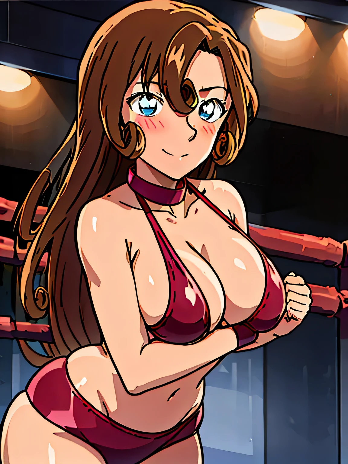 front view, cowboy shot, ultra detailed face, best quality, anime style, hires, highest definition, digital blending, bold drawing lines, ((weak body, female wrestler), (slender body), mature woman, milf, (wrestling gear, collar band), victorious, gorgeous, winner, not blushing, (closed mouth), (pale skin, shiny skin, lighting and shadow), (cleavage), (clean face), (warming up), closed fists, (brown, curly hair, long hair, curly bangs), 37 years old,