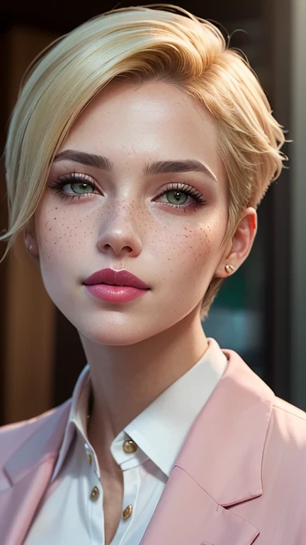((best quality: 1.5)) ((masterpiece: 0.8)), intricate details, sharp focus, professional, real life, realistic representation of the face, dim volumetric lighting, dynamic pose, in the style of realistic and hyper detailed renderings BREAK ((((detailed woman, ((natural, business suit, modest, portrait, pink lips, chin up, playful, smirking, muscular))), golden hour, ((short undercut hair, [ginger:blonde hair:0.2]), [flat chest:medium breasts:0.8]))), freckles: 0.6, green eyes), photorealistic, hyper-realistic, 8K