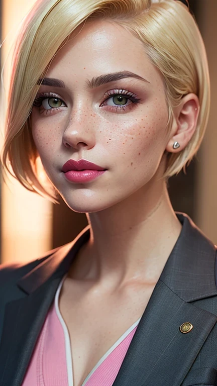 ((best quality: 1.5)) ((masterpiece: 0.8)), intricate details, sharp focus, professional, real life, realistic representation of the face, dim volumetric lighting, dynamic pose, in the style of realistic and hyper detailed renderings BREAK ((((detailed woman, ((natural, business suit, modest, portrait, pink lips, chin up, playful, smirking, muscular))), golden hour, ((short undercut hair, [ginger:blonde hair:0.2]), [flat chest:medium breasts:0.8]))), freckles: 0.6, green eyes), photorealistic, hyper-realistic, 8K