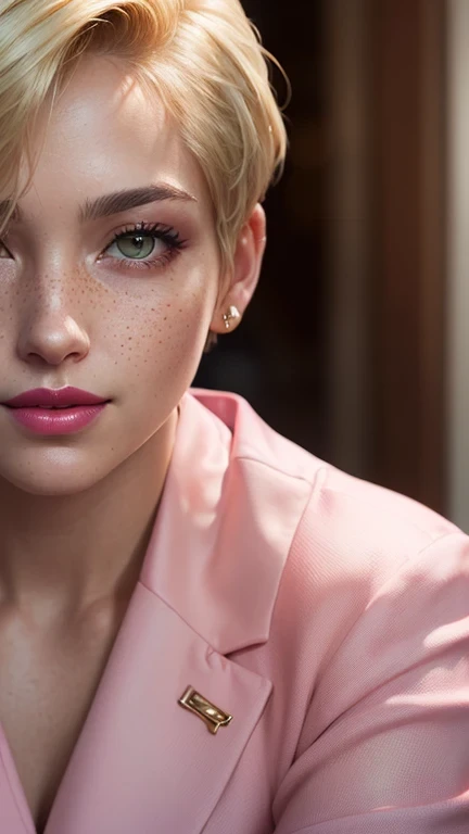 ((best quality: 1.5)) ((masterpiece: 0.8)), intricate details, sharp focus, professional, real life, realistic representation of the face, dim volumetric lighting, dynamic pose, in the style of realistic and hyper detailed renderings BREAK ((((detailed woman, ((natural, business suit, modest, portrait, pink lips, chin up, playful, smirking, muscular))), golden hour, ((short undercut hair, [ginger:blonde hair:0.2]), [flat chest:medium breasts:0.8]))), freckles: 0.6, green eyes), photorealistic, hyper-realistic, 8K