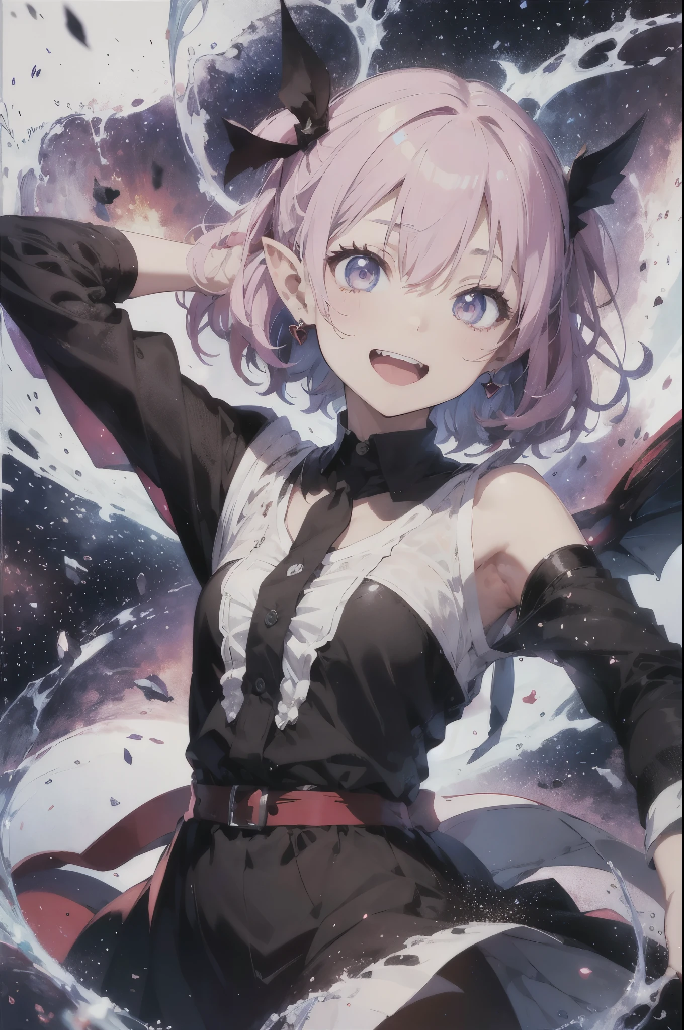 film photography, 1 girl , (((Upper body))) ,A big smile、Spread your arms wide in front of you、red eyes、laughter、dynamic pose、style(ダイナミックなポーズstyle)、Extraordinary properties:pointy ears like an elf、red heart hanging earrings、short hair、short hair、beaver、There are small braids in the ears.、hair color:pale pink mixed with white、毛色はpale pink mixed with white色です、hair colorは淡いピンクです、Red and orange gradation eyes wrapped in the mystery of the universe、sacrificial robes: All Black Dress、Because it's a little devil, There are bat wings on the back、With background: starry sky with meteors, medium breasts, (realistic detailed eyes, natural skin texture, realistic facial details), surreal