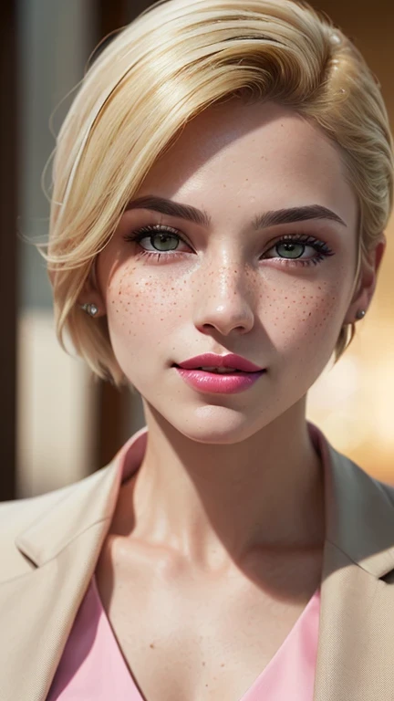 ((best quality: 1.5)) ((masterpiece: 0.8)), intricate details, sharp focus, professional, real life, realistic representation of the face, dim volumetric lighting, dynamic pose, in the style of realistic and hyper detailed renderings BREAK ((((detailed woman, ((natural, business suit, modest, portrait, pink lips, chin up, playful, smirking, muscular))), golden hour, ((short undercut hair, [ginger:blonde hair:0.2]), [flat chest:medium breasts:0.8]))), freckles: 0.6, green eyes), photorealistic, hyper-realistic, 8K