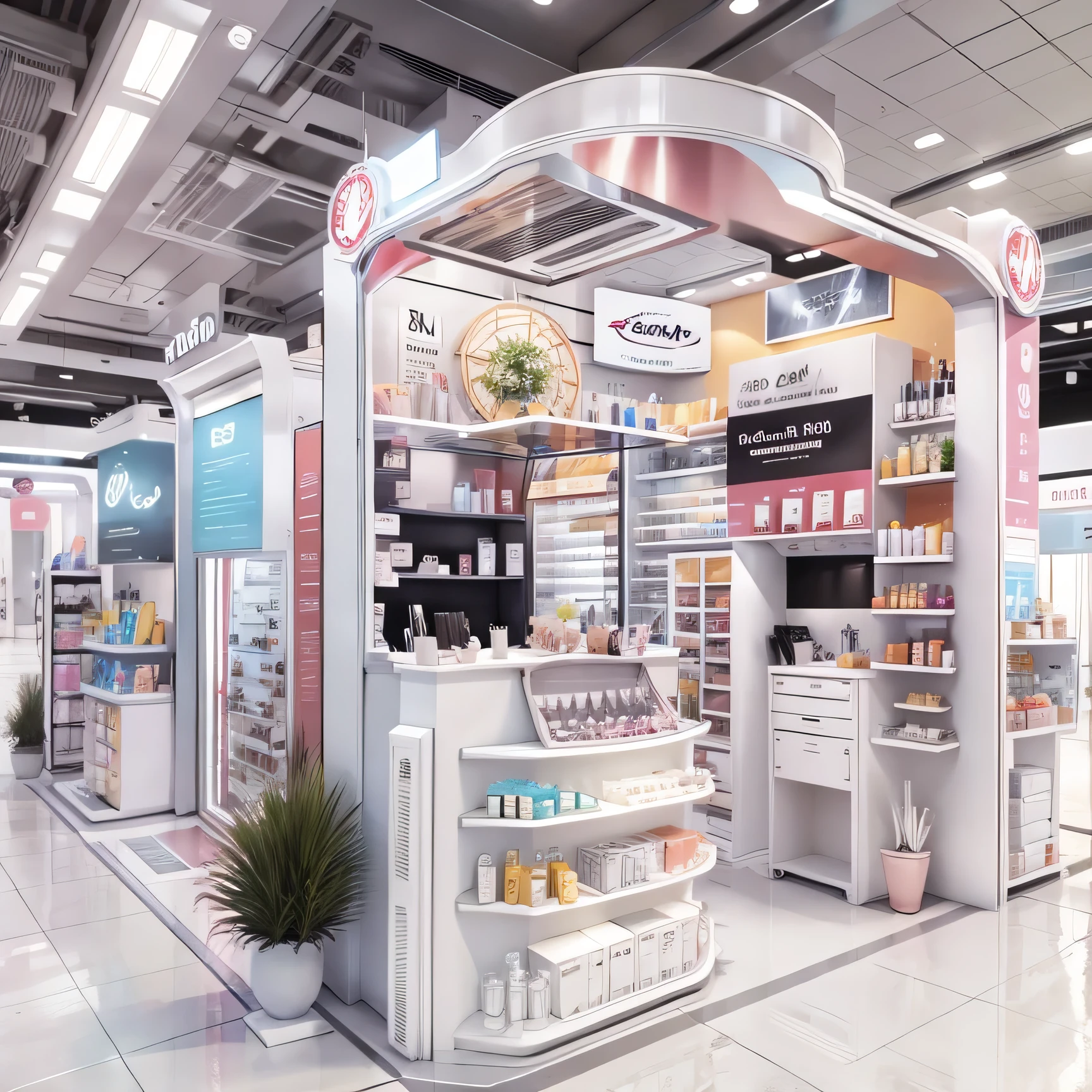 Skin care products，Cosmetics and Beauty Booth，3D modeling，In line with the aesthetics of young people，actual，full view，Suitable for commercial exhibition display