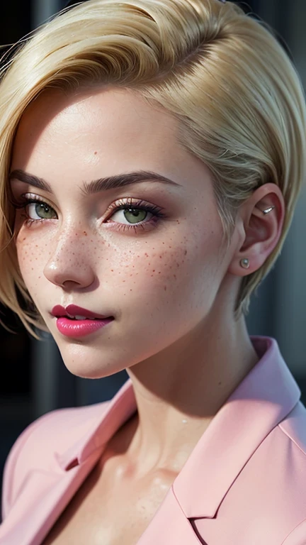 ((best quality: 1.5)) ((masterpiece: 0.8)), intricate details, sharp focus, professional, real life, realistic representation of the face, dim volumetric lighting, dynamic pose, in the style of realistic and hyper detailed renderings BREAK ((((detailed woman, ((natural, business suit, modest, portrait, pink lips, chin up, playful, smirking, muscular))), golden hour, ((short undercut hair, [ginger:blonde hair:0.2]), [flat chest:medium breasts:0.8]))), freckles: 0.6, green eyes), photorealistic, hyper-realistic, 8K