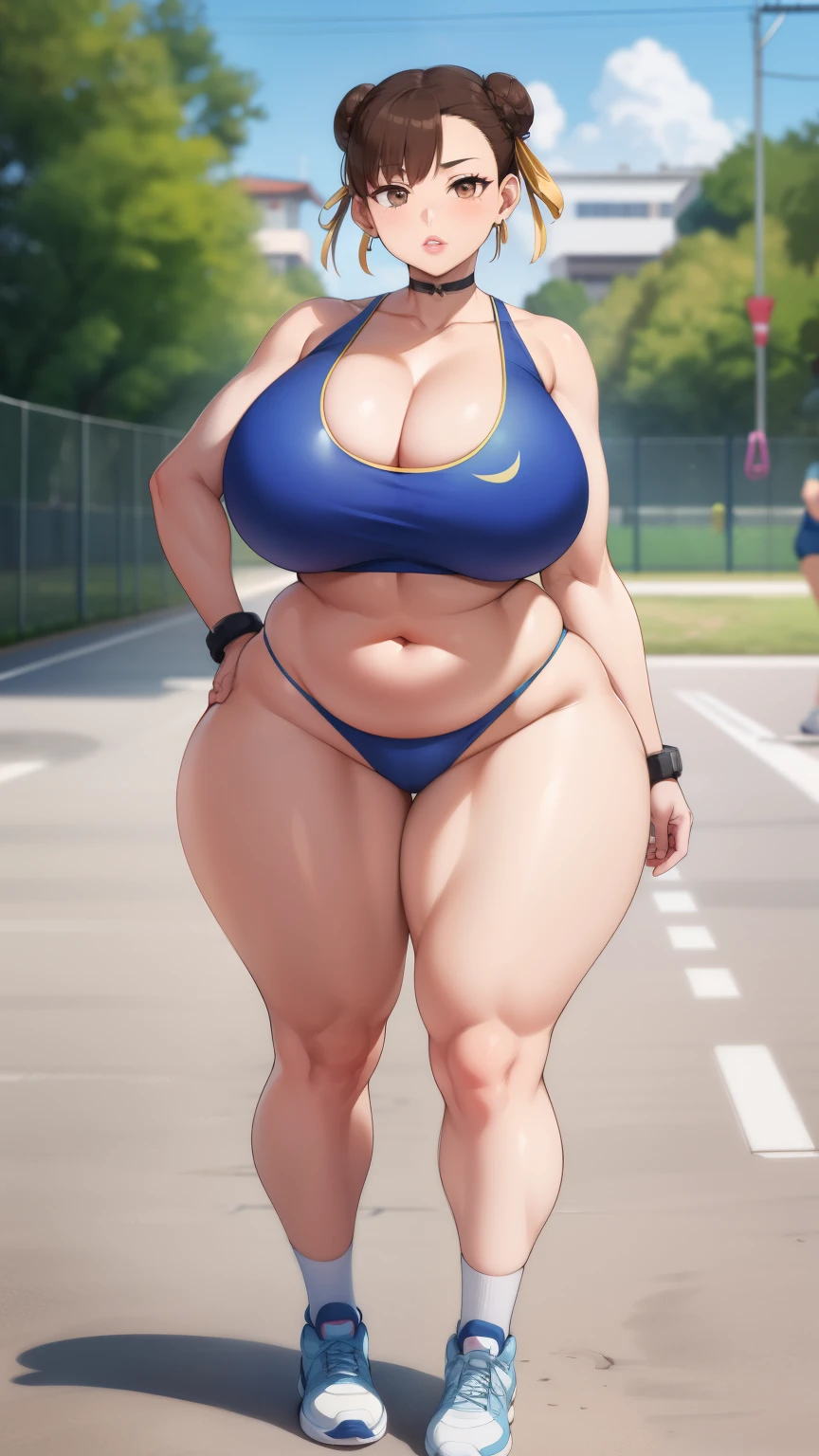 Chunli, 1 girl, ((Last))), perfect face, perfect eyes, looking at the viewer, short hair, brown hair, plump lips, thick lips, wide hips, thick thighs, Longing face, huge natural , cleavage mom, (ofay sports), (sports short), looking at the viewer, brown eyes, outdoors, Tokyo, belly button, strong legs, body shot,