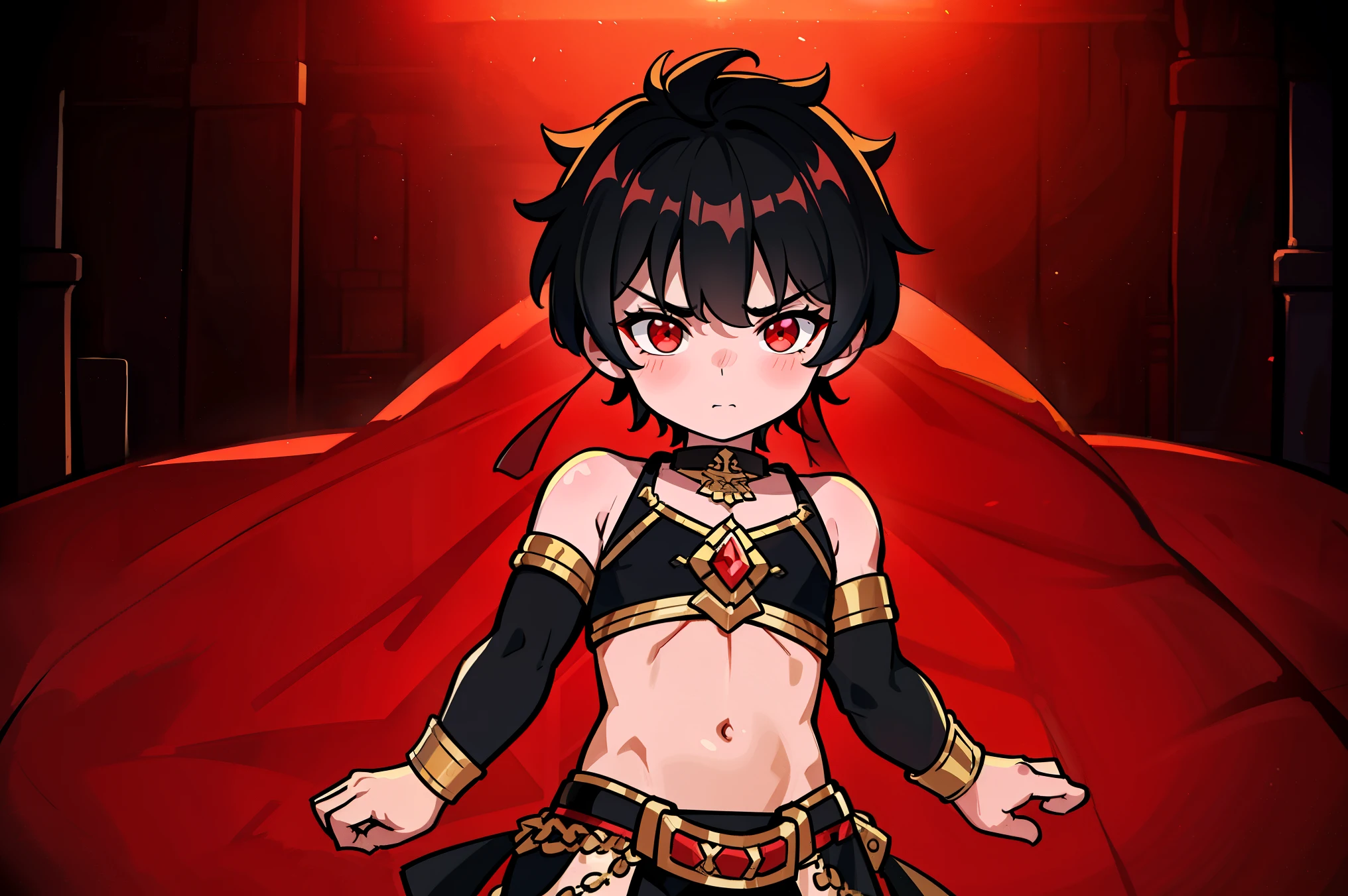 young kid, ((boy)), 8 year old kid, short black spiky hair. red highlights, red eyes. (black belly dancer outfit), skimpy, dynamic pose, (inside dungeon), standing, up close, Very good figure, extremely detailed, cinematic lighting, volume lighting, masterpiece, best quality