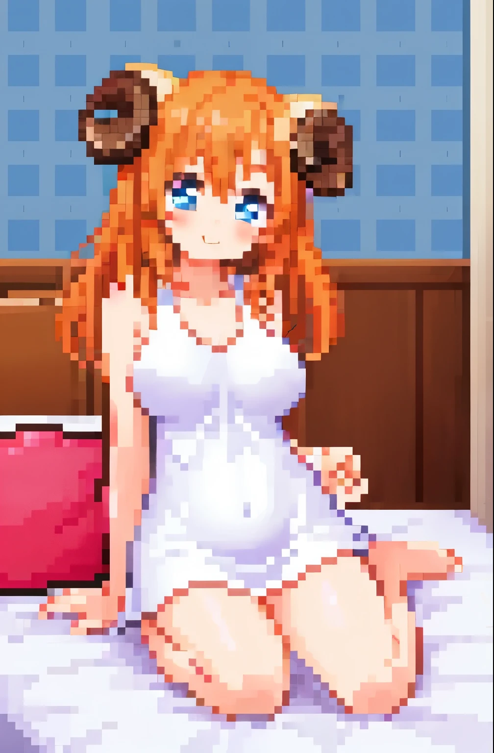 masterpiece, best quality, wallpaper, sitting,wariza,on bed, kousaka honoka, blue eyes,long tank top that covers her hips, cute smile , hair ornaments, (big breasts:0.85), bottomless , pixel_art, sheep horns