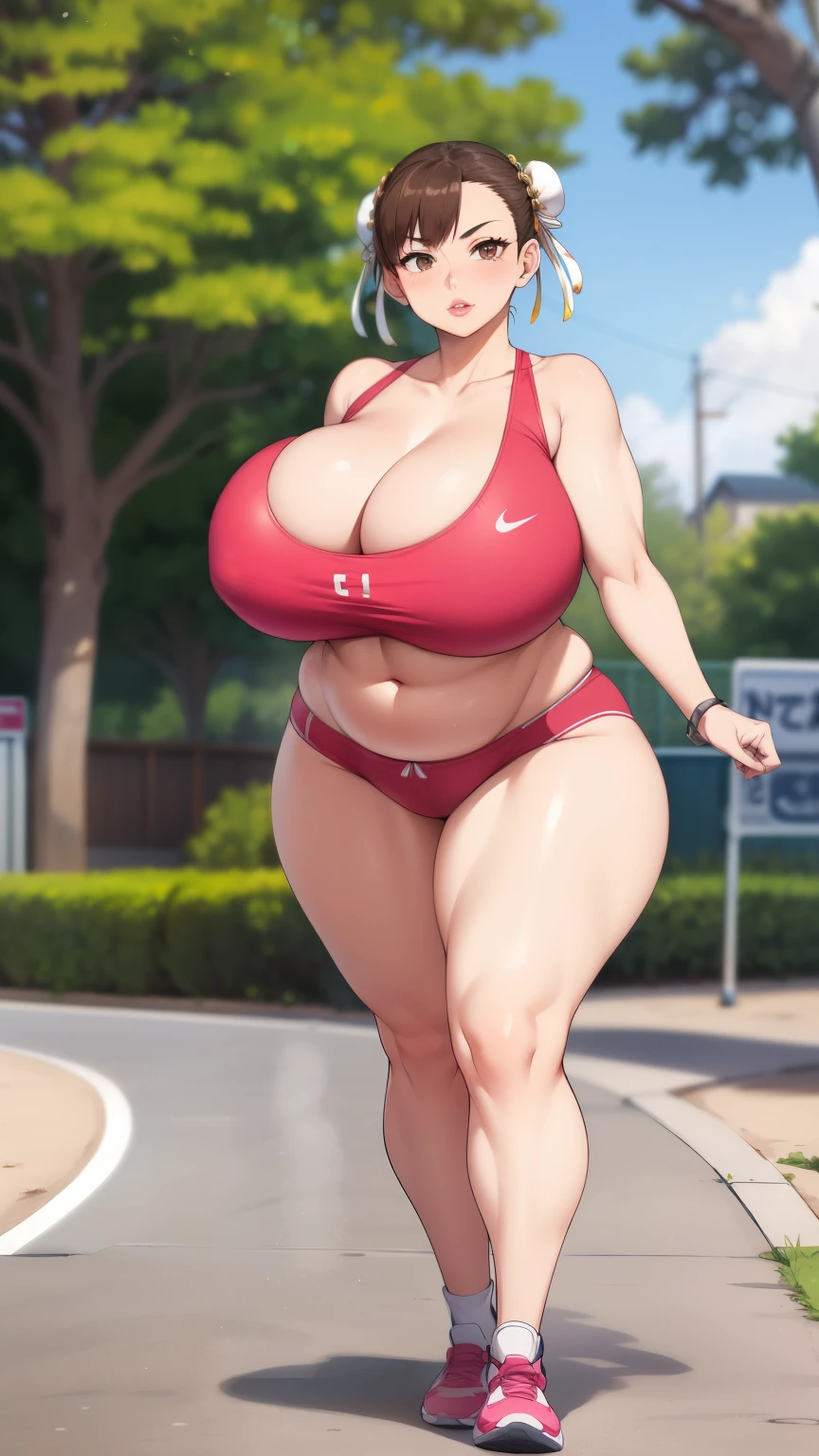 Chunli, 1 girl, ((Last))), perfect face, perfect eyes, looking at the viewer, short hair, brown hair, plump lips, thick lips, wide hips, thick thighs, Longing face, huge natural breasts, cleavage, mature mom, (often play sports), (sports short), looking at the viewer, brown eyes, outdoors, Tokyo, belly button, strong legs, full body shot,