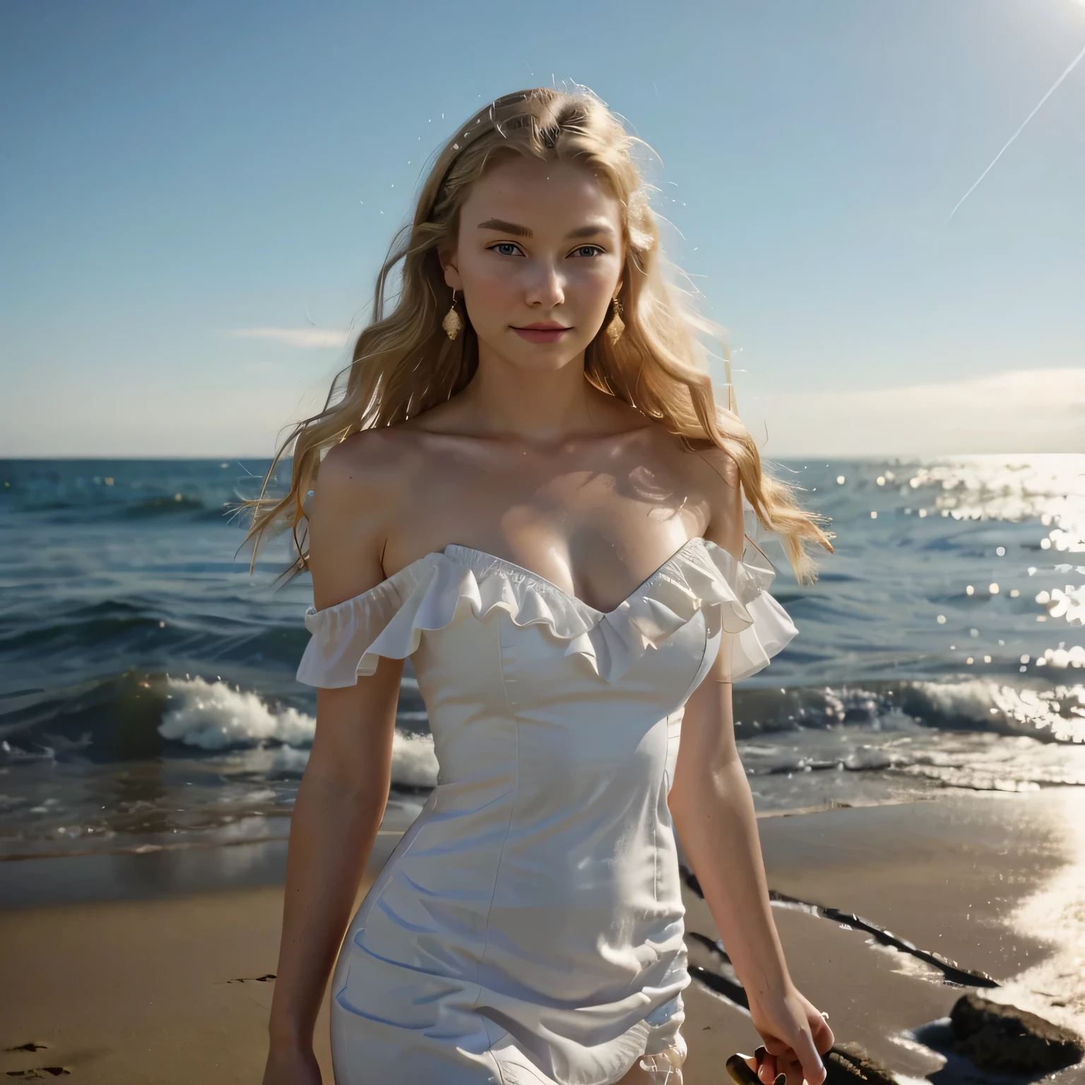 (masterpiece), ((highest quality)), (super detailed), ((very delicate and beautiful)), (incredibly absurd))), (perfect body))), 1 girl, glowing white particles, fighting, holding_sword, blonde bob, red eyes, seventeen years old, outdoor, sky, aura full body, big, white tattered dress, bare shoulders, small smile, sea + background, wind, perfect hands, hand details, modified fingers. Earrings, looking_at_viewer, cowboy shots, rich detail, perfect image quality