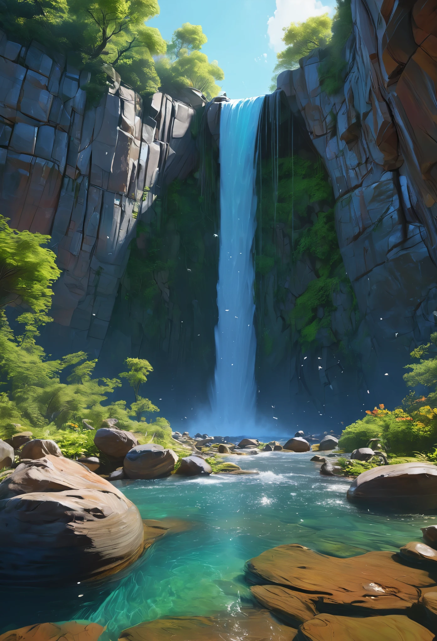 un acantilado con vistas a una cascada, varias piedras en forma de arco en la parte superior, pintura mate 8k, pintura mate 8K, fondo de pantalla vertical 8K, fondo de pantalla vertical 8K, fondo de pantalla vertical 4K, fondo de pantalla vertical 4K, serie perdida, realistic fantasy representation, digital painting with 8K resolution, digital painting with 8K resolution,  Jessica Rossier fantasy art, Pintura mate renderizada 4K, Pintura mate renderizada en 3D  