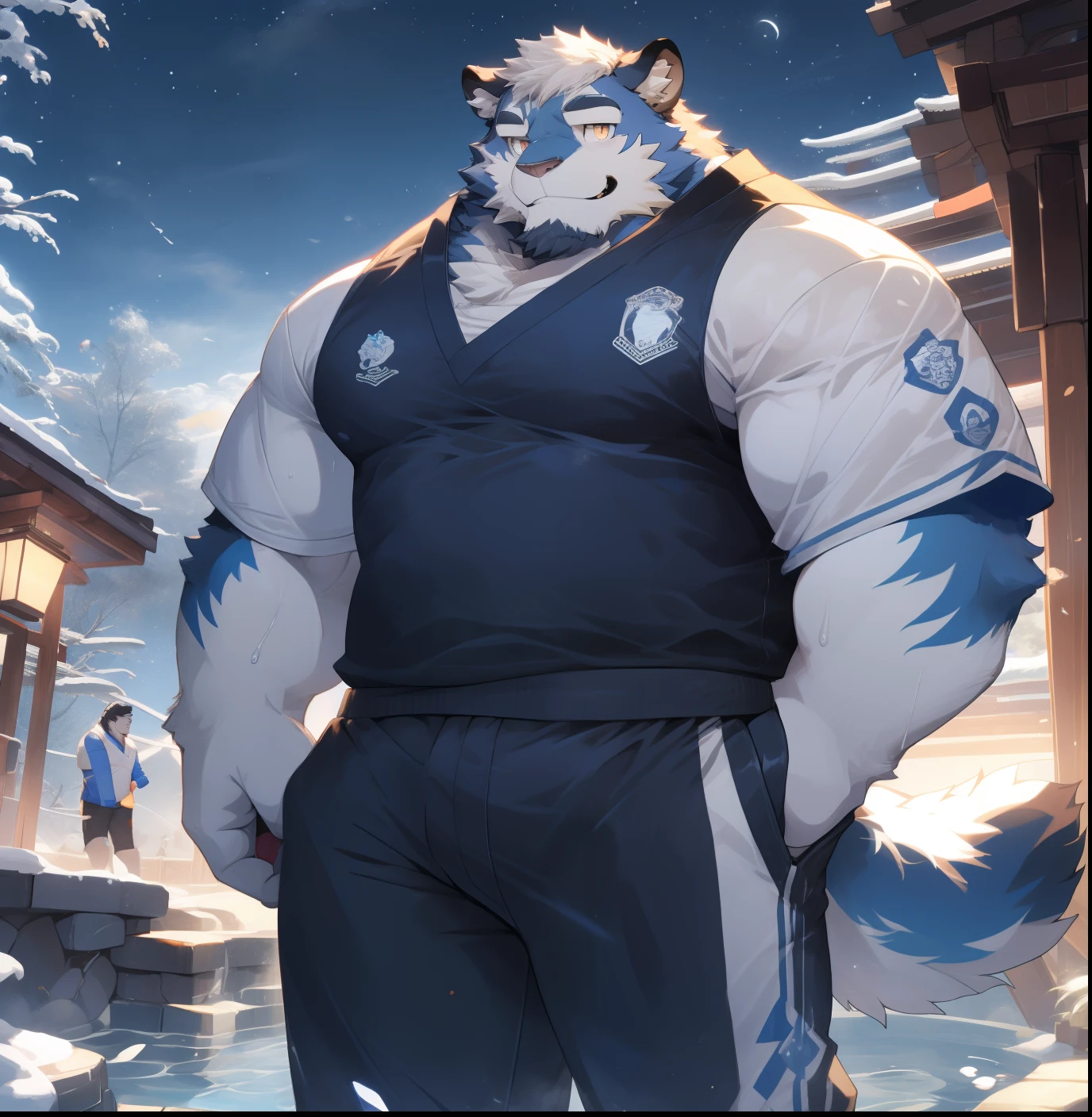 masterpiece,night,Anthropomorphic wolves,(((white hair))),male,26 years old,thick eyebrows,Light-colored fur,Strong body,Large pecs,(((Blue and white baseball apparel,White baseball cap,Blue and white baseball pants))),standing on the playground,adjust hat,dark night,light,Legs sweat,Smile,Face turned red,looking towards the viewer,Reach out and invite the person to come to you,golden pupils,big eyes,Strong,By the hot spring,Full body image,The sky is clear,Xiangyun,football field,viewing platform,rich background,(((Detailed character description))),