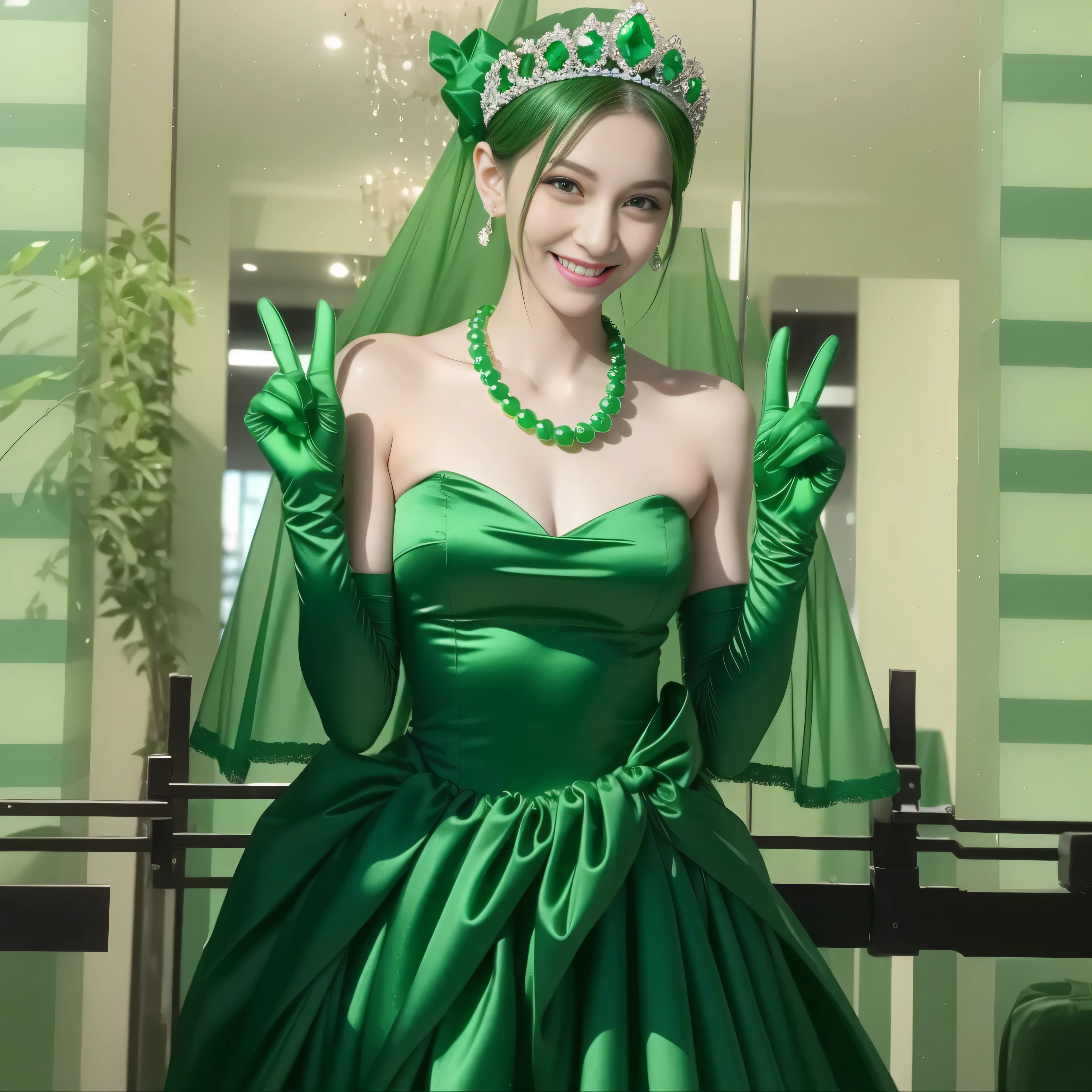 emerald tiara, Green Pearl Necklace, Boyish green berry short hair, lipstick, Smiling Japan woman, very short hair, big breasts beautiful, green eyes, Green long gloves made of satin material, green eyes, v sign, emerald earrings, 30 generation women