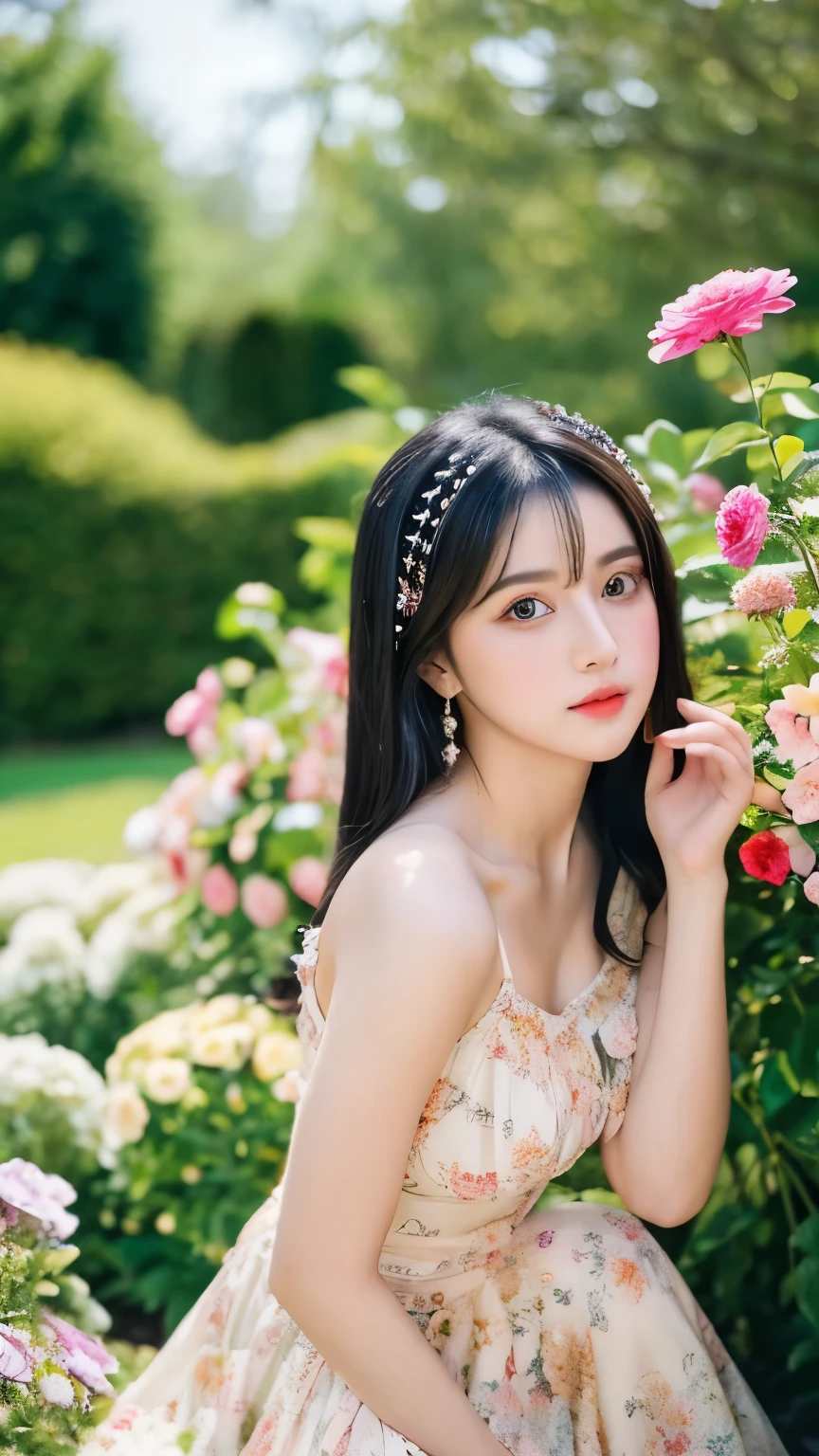 Beautiful girl with brown eyes and black hair wearing sexy clothes in a garden full of flowers photo shoot