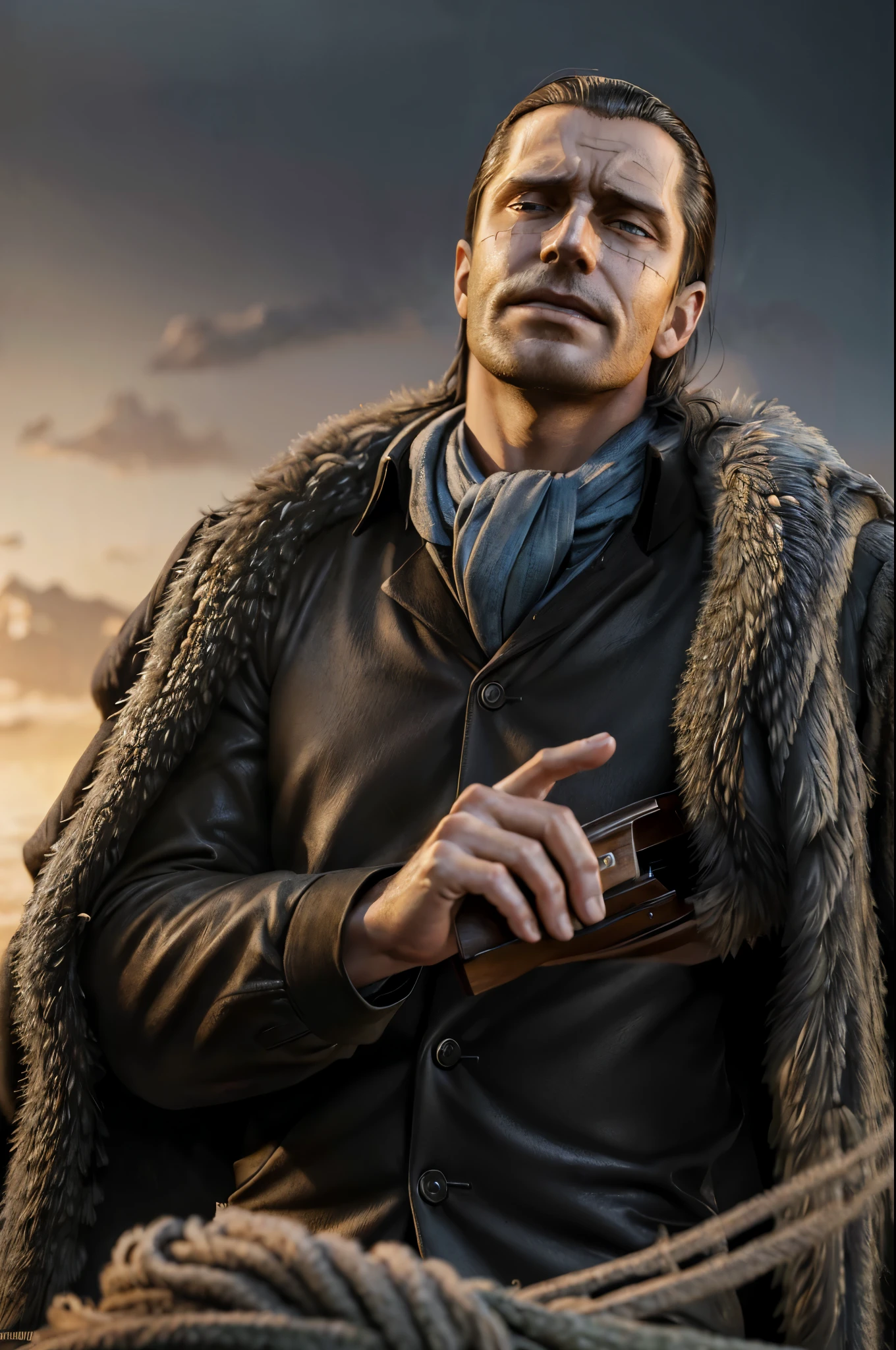 masterpiece, best quality, extremely detailed, hyperrealistic, photorealistic, a cool 40s man, ultra detailed face:1.1, fur-trimmed coat, scarf around the neck, reaching out a hand towards the viewer:1.3