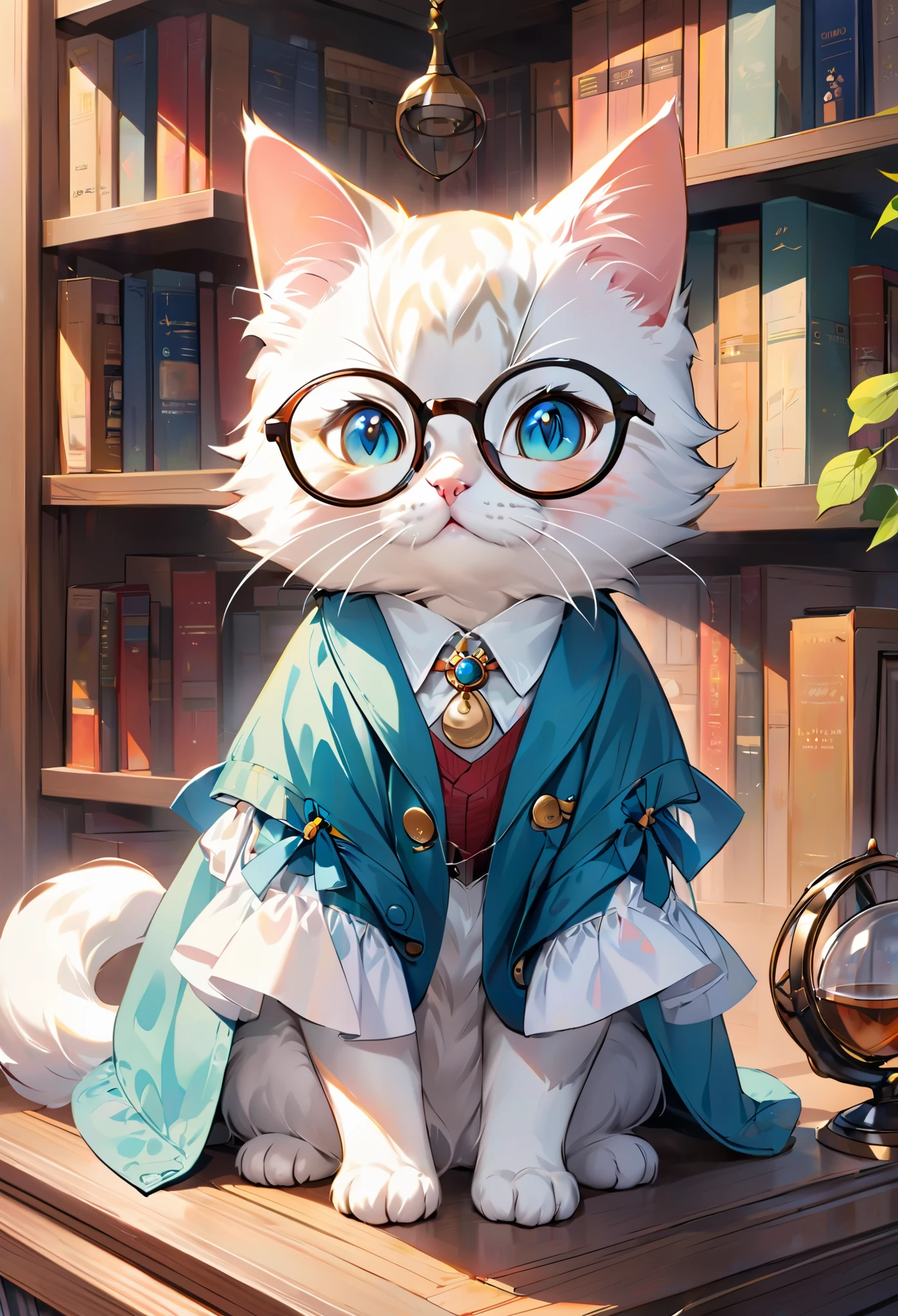 Envision an adorable and playful scene: A cat sits in front of a bookshelf, adorned with glasses and a vintage jacket, resembling an intellectual  princess