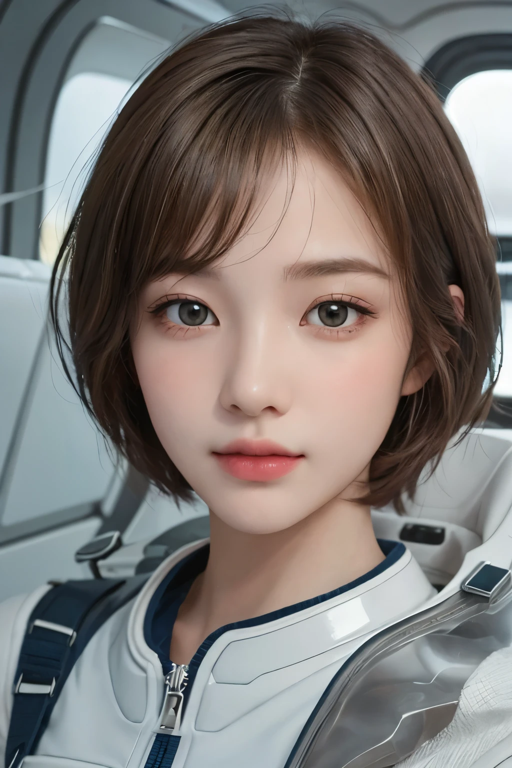 highest quality、masterpiece、ultra high resolution、(real:1.4)、Beautiful woman1、Beautiful details of eyes and skin、light brown short cut hair、small smile、perfect space suit、spaceship、Remains、cloudy sky、