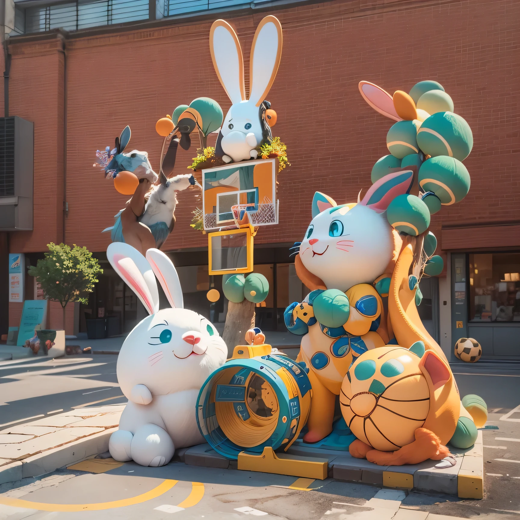 Giant cute animal cartoon art installation，Colorful combination，Big rabbit，slideshow，basketball hoop，Various cute elements，Full of innocence, This is a great place to check in and take photos.，3D modeling，In line with the aesthetics of young people，actual，full view，Suitable for commercial exhibition display