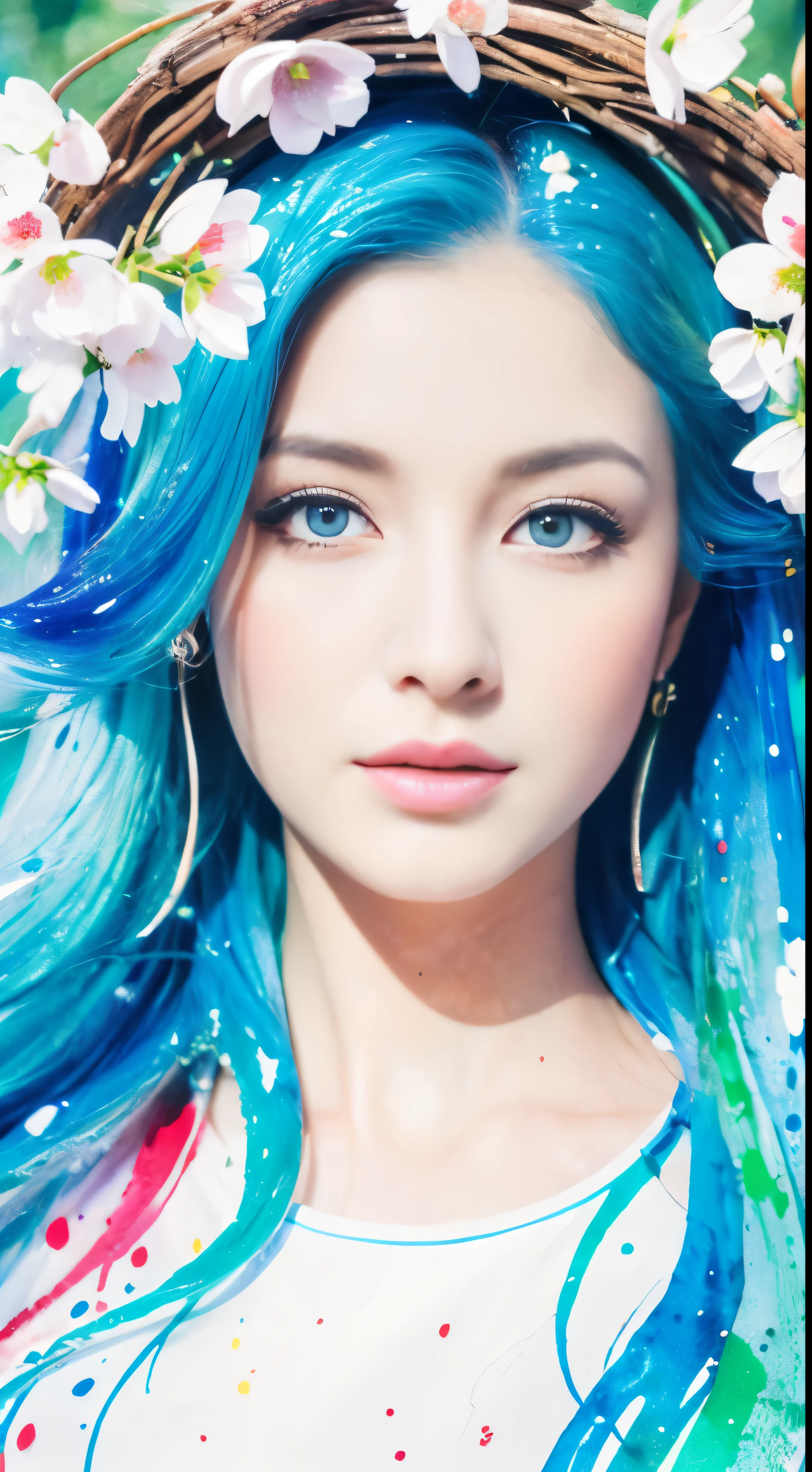 (best quality),(masterpiece:1.2), (colorful:0.9), (ink splashing),(color splashing),((watercolor)), clear sharp focus, model shot,, (portrait goddess of spring:1.5), cute expression,elegant blue colored hair, beautyfull detailed face and eyes, elegant goddess clothing, spring forest background,, colorwater