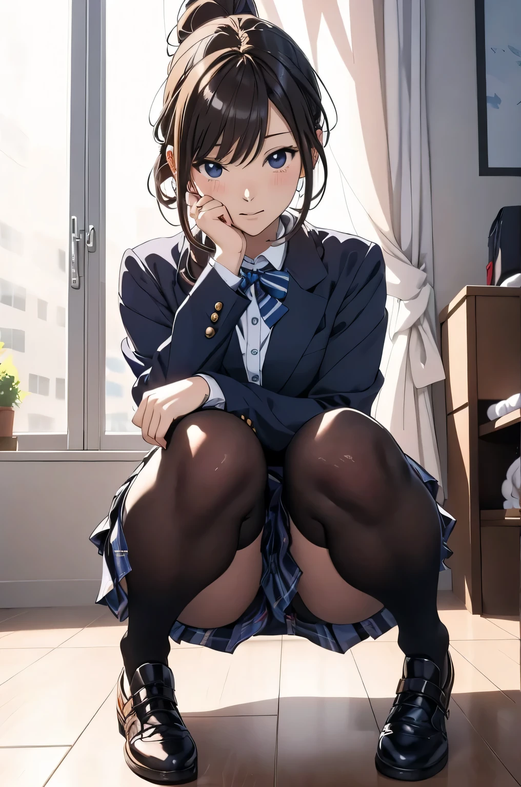 Anime girl sitting on toilet in room with window, Beautiful squatting anime girl, a hyperrealistic schoolgirl, squatting anime girl, realistic schoolgirl, hyperrealistic schoolgirl, seductive anime girl, Attractive anime girl, Beautiful anime high school girl, charming , Smooth anime CG art, charming anime girl, an anime girl