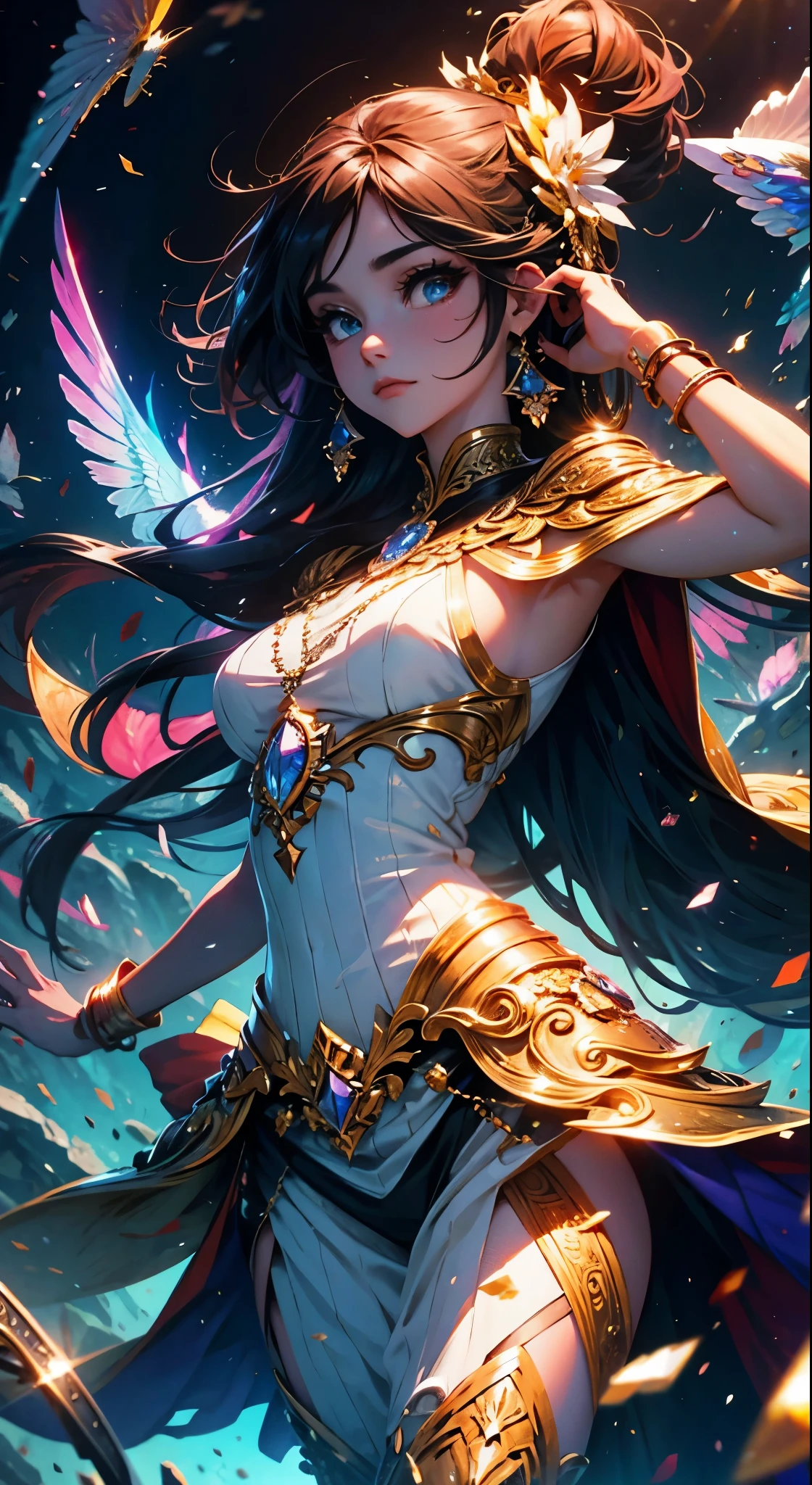 (((masterpiece))), (((best quality))), ((ultra-detailed)),(highly detailed CG illustration), ((an extremely delicate and beautiful)),cinematic light, Create a stunning fantasy artwork that mimics the style of currently trending masters of the genre. The art piece should contain elements of both mythic fantasy and fairytale fantasy with colorful accents. ((Utilize various shades of pink and watercolor pastels as the main color scheme.)) The character in the artwork is a delicate but strong figure with an aura of mystery and magic. Pay close attention to intricate facial features, such as mesmerizing eyes with vibrant colors and bold shading. The character's clothing should be designed with gossamer feathers, silk, stunning embroidery, and subtle iridescent details. Incorporate dreamy colors, dynamic lighting, and detailed background elements to create a sense of awe and immersion. Include colorful flying magical birds and jewel-toned butterflies radiating a magical aura. Consider the latest trends in fantasy art, such as incorporating unique lighting effects, exploring dynamic and compelling composition techniques, and experimenting with unique color palettes. Take inspiration from the top artists on ArtStation and Midjourney. Camera: Choose an angle that highlights the character's beauty and enhances the magical majesty of the artwork. Lighting: Utilize atmospheric lighting techniques to create depth and mood. Resolution: Aim for a high-resolution artwork to showcase intricate details and clarity. Art Inspirations: Seek inspiration from the trending artists on ArtStation, exploring different styles, genres, and themes.