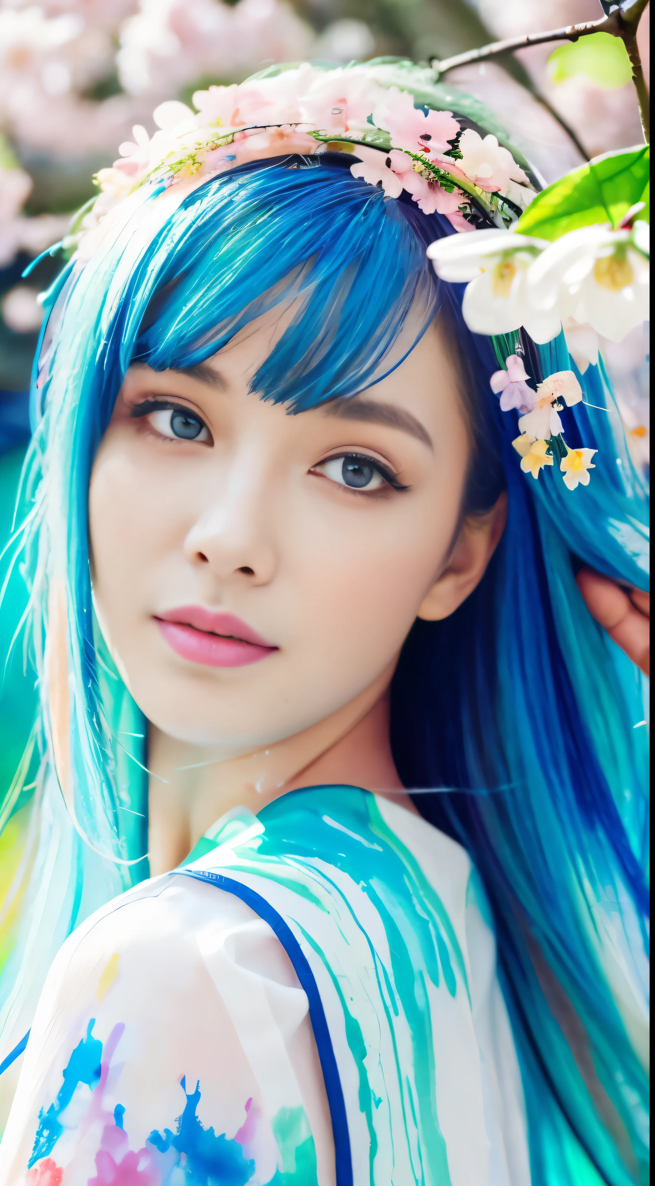 (best quality),(masterpiece:1.2), (colorful:0.9), (ink splashing),(color splashing),((watercolor)), clear sharp focus, model shot,, (portrait goddess of spring:1.5), cute expression,elegant blue colored hair, beautyfull detailed face and eyes, elegant goddess clothing, spring forest background,, colorwater