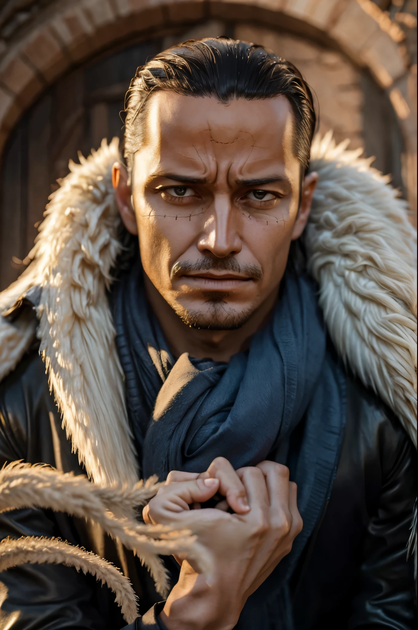 masterpiece, best quality, extremely detailed, hyperrealistic, photorealistic, a cool 40s man, ultra detailed face:1.1, fur-trimmed coat, scarf around the neck, reaching out a hand towards the viewer:1.3
