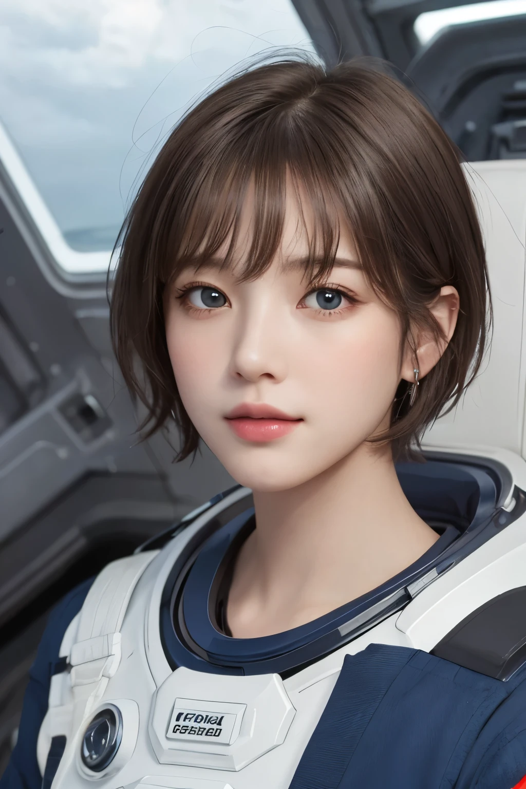 highest quality、masterpiece、ultra high resolution、(real:1.4)、Beautiful woman１、Beautiful details of eyes and skin、light brown short cut hair、small smile、perfect space suit、spaceship、Remains、cloudy sky、