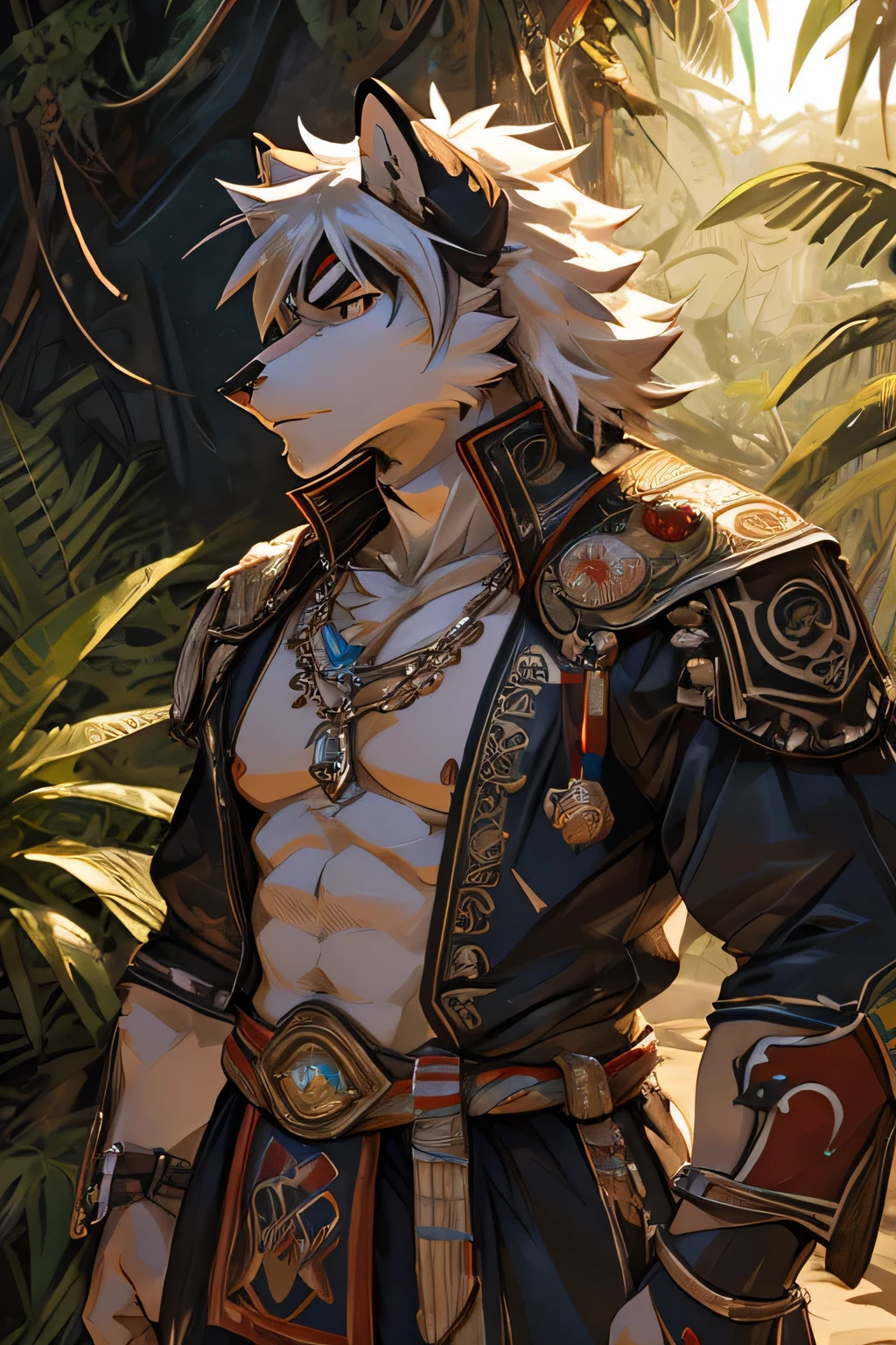 male, ((white hair)), hairy,white wolf,muscle, armor, jungle,tribe, watercolor,concept art,tropical,Sunlight直射,natural lighting,Sunlight,whole body,Vague,moody,black eyes,only one person,Quality management rendering,High purity shades,high detail,high quality,Strong body,face close-up
