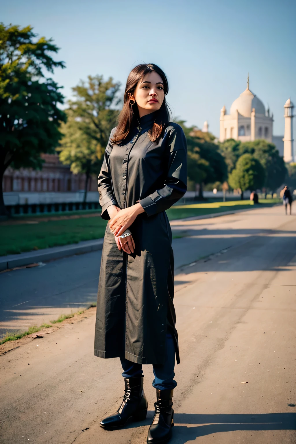 (best quality,4k,highres:1.2),ultra-detailed,realistic,photorealistic:1.37,near Taj Mahal,classical architecture,classic black car,indian clothes, old clothes, dull clothes,daytime,black jeans,full body photo,distance view,portrait style,vibrant colors,morning sunlight,dramatic shadows, clean skin, realistic face, detailed face