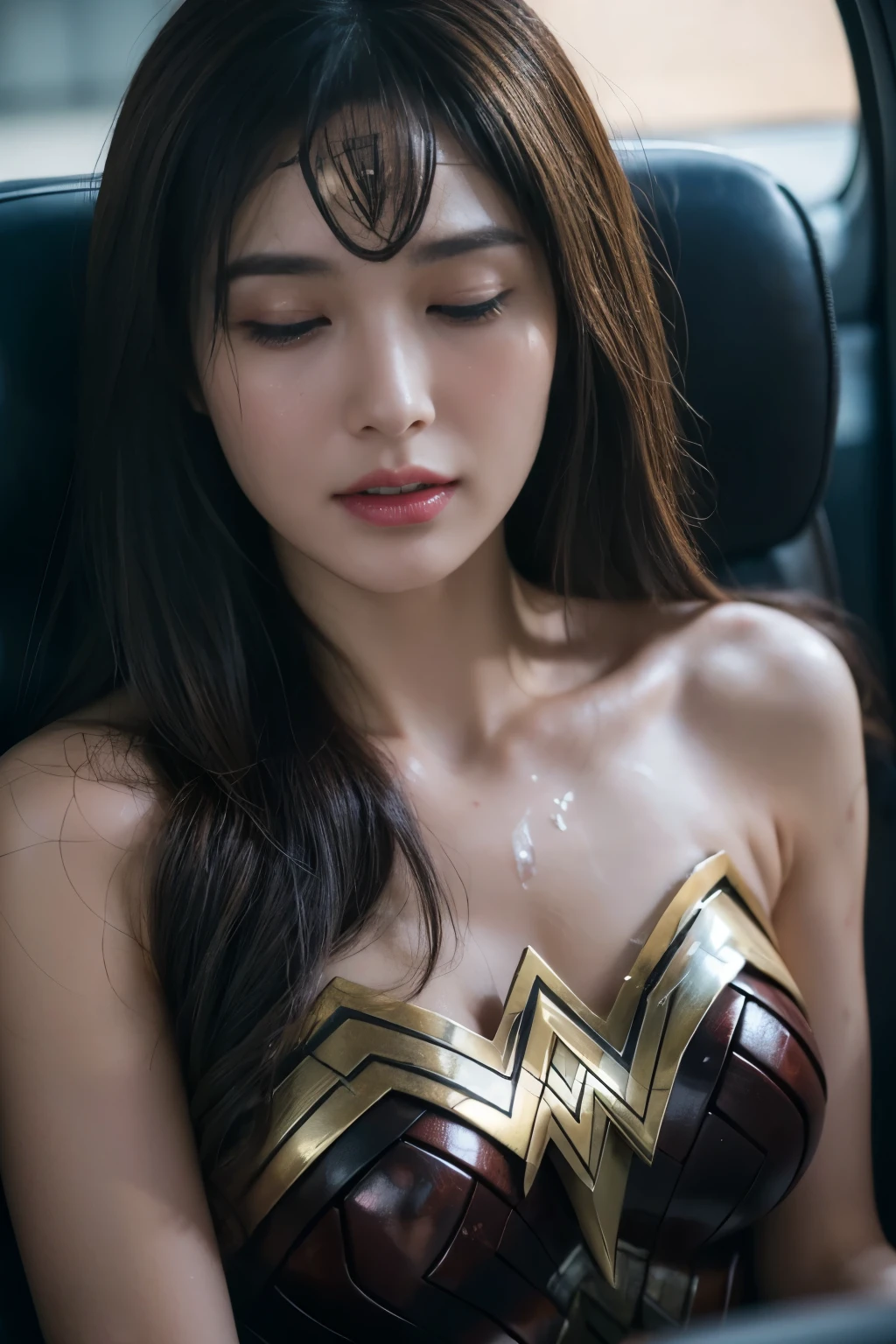 Underground prison、wonder woman(soaking wet,髪がsoaking wet,dripping water，Bruises on the face,scar on face,Close ~ eyes,Sleeping face,fainting，，battle damage､Bruises on the face or body)、fine 目、puffy eyes、highest quality, ultra high resolution, reality: 1.4, movie lighting、超reality的な、8k、slanted bangs、brown hair、20-year-old，wonder womanティアラ