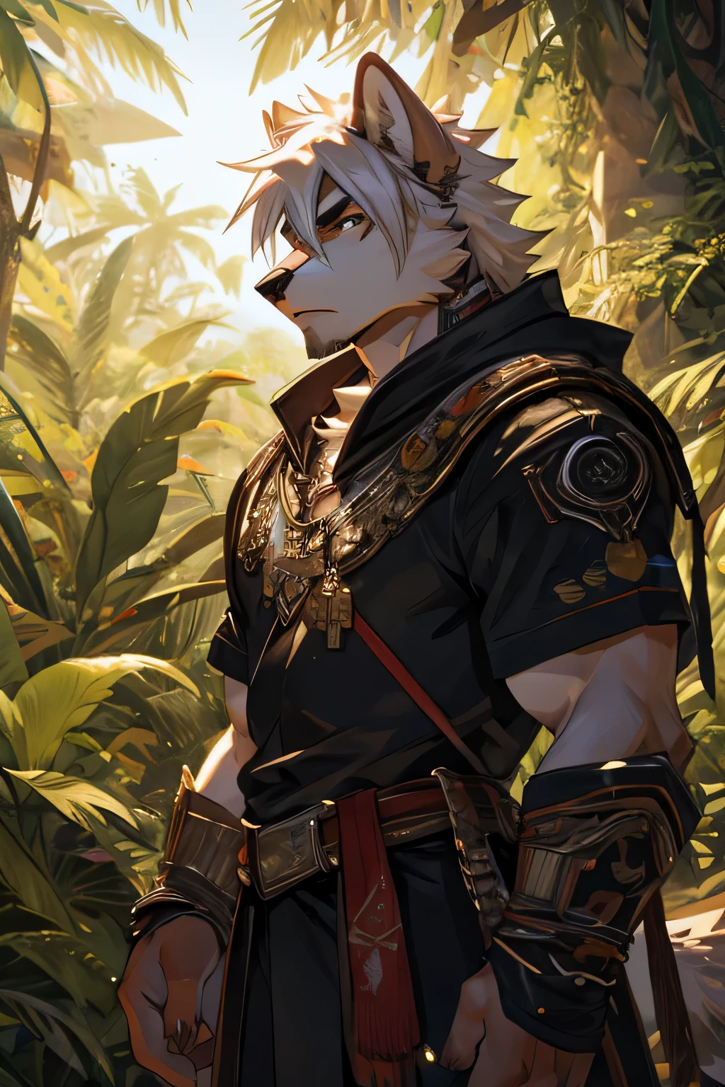 male, ((white hair)), hairy，white wolf muscle, armor, jungle，tribe, watercolor，concept art，tropical，Sunlight直射，natural lighting，Sunlight，whole body，Vague，moody，black eyes，only one person,Quality management rendering，High purity shades，high detail，high quality，Strong body，face close-up