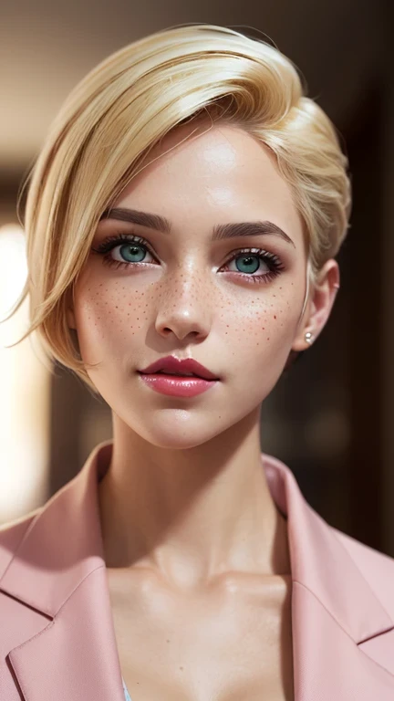((best quality: 1.5)) ((masterpiece: 0.8)), intricate details, sharp focus, professional, real life, realistic representation of the face, dim volumetric lighting, dynamic pose, in the style of realistic and hyper detailed renderings BREAK ((((detailed woman, ((natural, business suit, modest, portrait, pink lips, chin up, playful, smirking, muscular))), golden hour, ((short undercut hair, [ginger:blonde hair:0.2]), [flat chest:medium breasts:0.8], (barbie))), freckles: 0.6, green eyes)), photorealistic, hyper-realistic, 8K