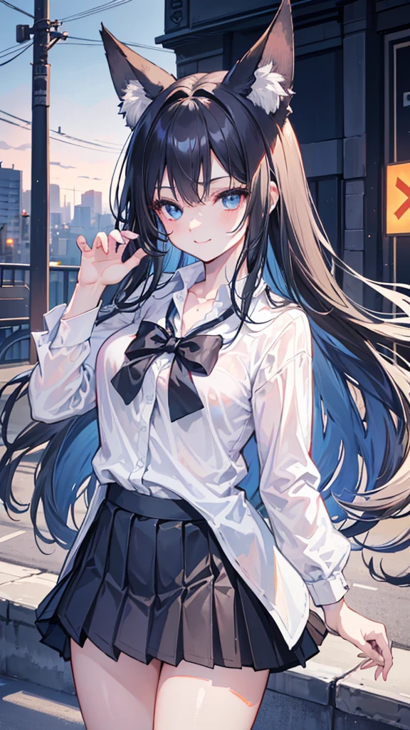 (8K、Highest image quality、highest quality、masterpiece)、detailed face、1 girl、gyaru、black hair、twintails、light blue eyes、earrings、evil smile、((grin))、((small breasts))、((white shirt))、((open clothes))、cleavage、((((black micro miniskirt))))、((black pantyhose))、cowboy shot、Are standing、Urban background